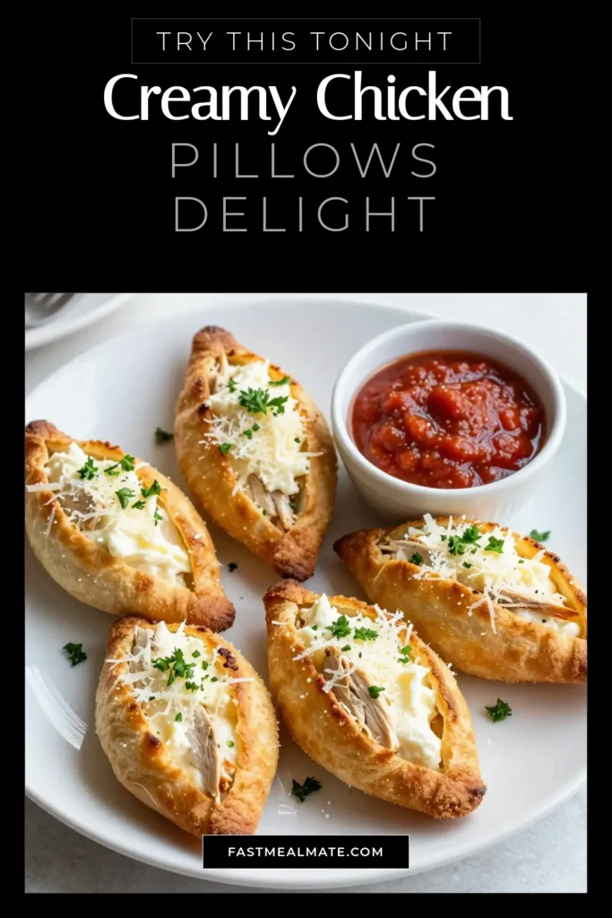 Indulge in these creamy Parmesan chicken pillows that are perfect for any occasion! This crescent roll chicken recipe combines shredded chicken, cream cheese, and Parmesan for an easy chicken appetizer that everyone will love. These baked chicken pillows are quick to make and are ideal for parties. Serve them warm for a delicious treat. Try these chicken and cream cheese pockets today! Save this recipe for later! #CreamyParmesanChickenPillows #CrescentRollChickenRecipe #EasyChickenAppetizer #BakedChickenPillows