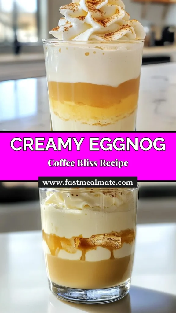 Indulge in this creamy eggnog recipe featuring a delightful eggnog coffee drink that's perfect for the holidays. This easy eggnog cocktail combines smooth eggnog with coffee for a cozy sip, elevated by whipped cream toppings for drinks. Perfect as a holiday eggnog dessert, this treat will impress your friends and family. Try it today and elevate your festive gatherings! Save this recipe for later! #EggnogDelight #HolidayCocktail #EggnogRecipe #FestiveDrinks