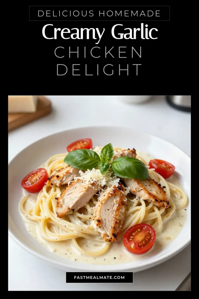 Discover the easy creamy pasta dish everyone loves! This creamy garlic chicken spaghetti combines tender chicken, garlic, and Parmesan for a delicious Italian chicken spaghetti recipe. Perfect for busy weeknights, these spaghetti recipes with chicken are quick and satisfying. Make dinner a breeze with this creamy garlic chicken spaghetti everyone will crave. Save this recipe to create a delightful meal! #CreamyPasta #ChickenRecipes #PastaLovers #EasyDinnerIdeas