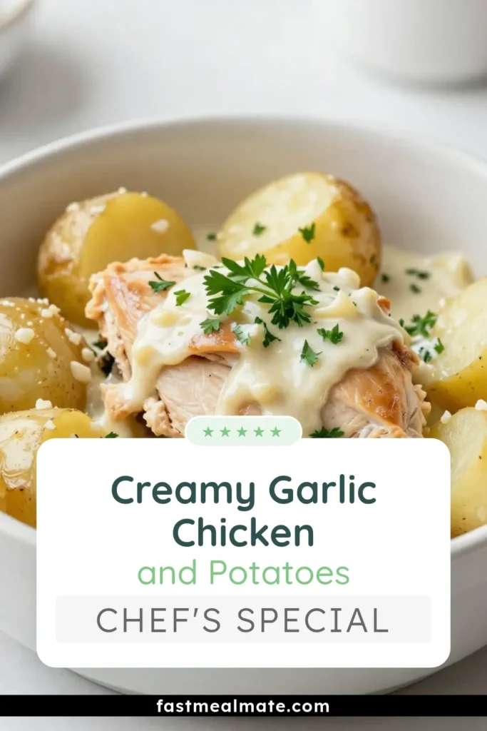 Indulge in this mouthwatering Crockpot Garlic Parmesan Chicken & Potatoes recipe! Easy to prepare, this creamy chicken and potatoes dish is perfect for a cozy slow cooker chicken dinner. Simply layer tender chicken breasts over baby potatoes, top with a rich garlic Parmesan sauce, and let your crockpot work its magic for hours. Discover this delicious Garlic Parmesan Chicken recipe today! Save this for your next meal! #CrockpotRecipes #EasyDinner #ComfortFood #SlowCookerRecipes