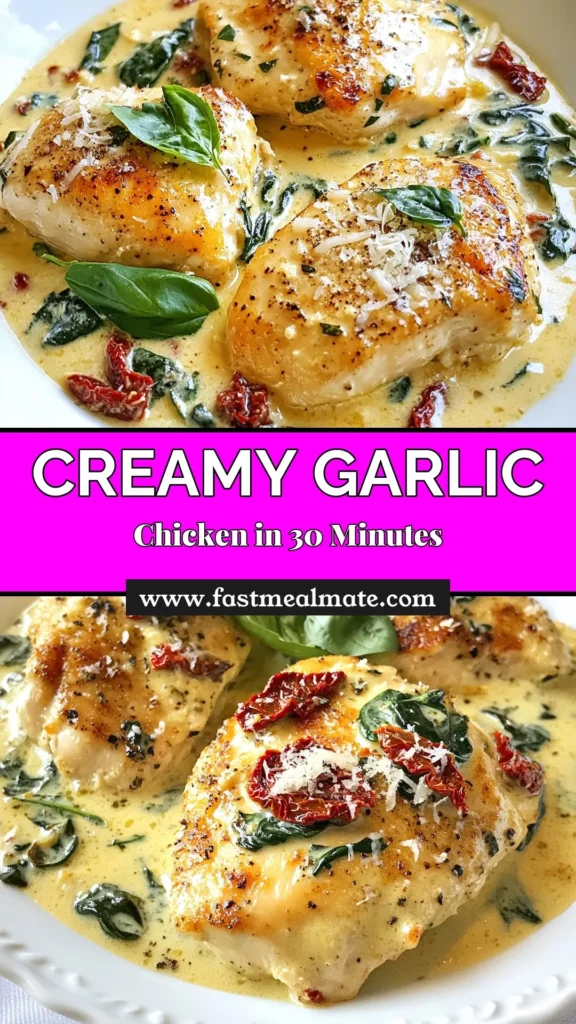 Indulge in this easy chicken dinner with our creamy garlic Tuscan chicken recipe! This delicious sun-dried tomato chicken is bursting with flavor from garlic, spinach, and a rich cream sauce. Perfect for a weeknight meal, it’s simple to prepare and sure to impress. Try it tonight and savor the magic of Tuscan cuisine! Don’t forget to save this creamy garlic chicken recipe for later! #TuscanChicken #EasyChickenDinner #SunDriedTomatoChicken #SpinachAndGarlicChicken