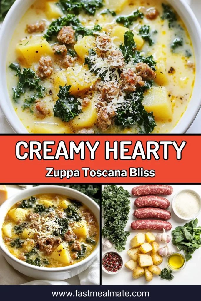Warm up with this delicious Zuppa Toscana recipe, the perfect choice for chilly days! This hearty soup recipe combines savory Italian sausage, tender potatoes, and creamy kale for a rich flavor in every bite. Enjoy this creamy kale soup as part of your best winter soups collection. Ready in just 35 minutes, it’s ideal for family dinners. Try it today and savor the comforting taste! #ZuppaToscana #HeartySoup #ItalianSausageSoup #WinterSoups