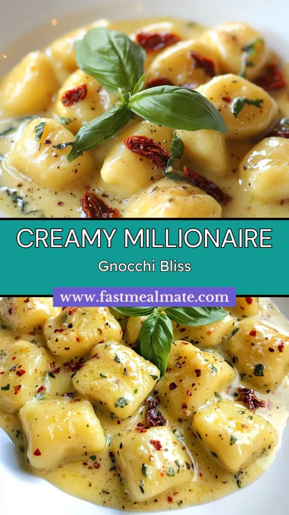 Indulge in this delicious Millionaire Gnocchi recipe featuring a creamy gnocchi sauce that’s both easy and impressive. Made with tender potato gnocchi and sun-dried tomatoes, this homemade gnocchi sauce takes your pasta night to the next level. Perfect for any occasion, discover how simple it is to whip up this creamy delight. Try it today and savor every bite! Save for later! #MillionaireGnocchi #CreamyGnocchi #EasyGnocchi #HomemadeGnocchiSauce