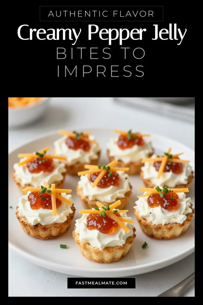 Discover the ultimate creamy cheese appetizer with these Pepper Jelly Cream Cheese Dip Bites! This mini phyllo cups recipe is perfect for easy party snacks that will wow your guests. The savory cream cheese dip, combined with zesty pepper jelly, creates a flavor explosion in every bite. Impress everyone at your next gathering with this simple yet delicious treat. Save this recipe for your next celebration! #CreamyCheeseAppetizer #PepperJellyBites #EasyPartySnacks #MiniPhylloCupsRecipe