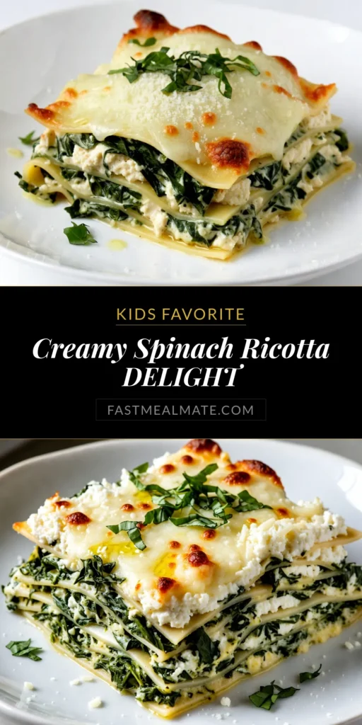 Indulge in this creamy spinach ricotta lasagna that’s perfect for a comforting family dinner. This easy lasagna recipe combines layers of homemade lasagna with spinach, ricotta, and rich marinara for a delightful vegetarian option. Discover how simple it is to make this delicious spinach lasagna recipe that everyone will love. Save this creamy spinach ricotta lasagna for your next meal! #VegetarianLasagna #LasagnaRecipe #SpinachLasagna #ComfortFood