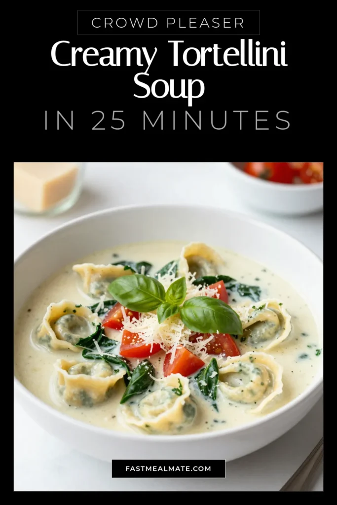 Warm up with this delicious creamy tortellini soup! This easy tortellini soup recipe is perfect for a cozy night in and features fresh spinach and rich cheese tortellini for a vegetarian twist. It's one of the best comforting soup recipes that will remind you of Italy. Try this Italian tortellini soup that’s ready in just 25 minutes! Save it for your next meal. #CreamyTortelliniSoup #VegetarianTortelliniSoup #ComfortingSoupRecipes #ItalianTortelliniSoup
