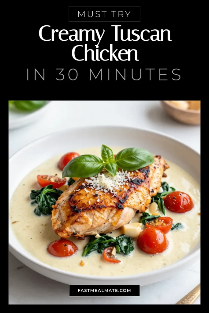Indulge in this Creamy Garlic Tuscan Chicken, a delightful Tuscan Chicken Recipe that's perfect for family dinners! This easy creamy chicken dinner features tender chicken in garlic sauce, cherry tomatoes, and spinach, all made in one pan! With simple ingredients and a total cook time of just 30 minutes, it's the ultimate weeknight meal. Try this One-Pan Tuscan Chicken for a satisfying dinner tonight! Save & share! #CreamyGarlicTuscanChicken #TuscanChickenRecipe #EasyDinner #OnePanRecipes