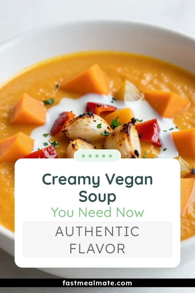 Warm up with this creamy roasted vegetable soup, a delicious butternut squash soup recipe that's perfect for any time! This vegan vegetable soup is rich in flavor and made with healthy ingredients like coconut milk, ensuring a satisfying meal. Perfect for those looking for healthy soup recipes, this soup is simple to make and packed with nutrients. Try it today and elevate your soup game! Save this recipe for later! #CreamyRoastedVegetableSoup #VeganSoup #HealthyRecipes #ButternutSquashSoup