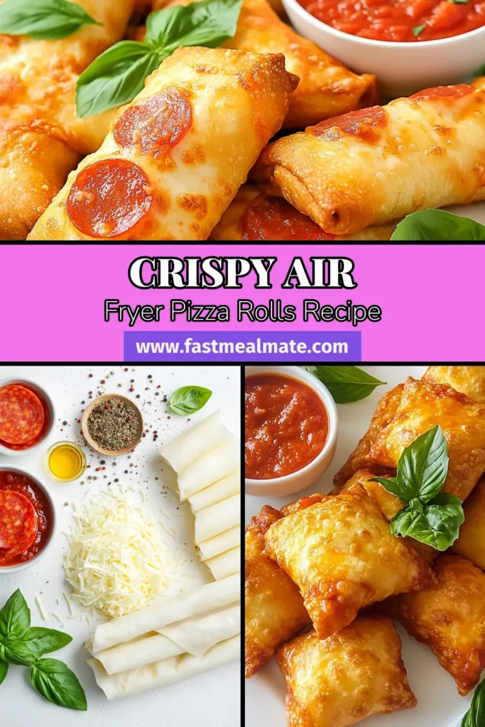 Craving a delicious snack? Try these Air Fryer Pizza Rolls! This crispy pizza rolls recipe is perfect for easy air fryer snacks and can be made vegetarian with just a simple swap. Enjoy homemade pizza rolls filled with gooey cheese and pepperoni or veggies, perfectly cooked in the air fryer. Save this recipe for a tasty treat ready in just 25 minutes! Don't forget to dip in pizza sauce! #AirFryerPizzaRolls #CrispyPizzaRollsRecipe #EasyAirFryerSnacks #VegetarianPizzaRolls