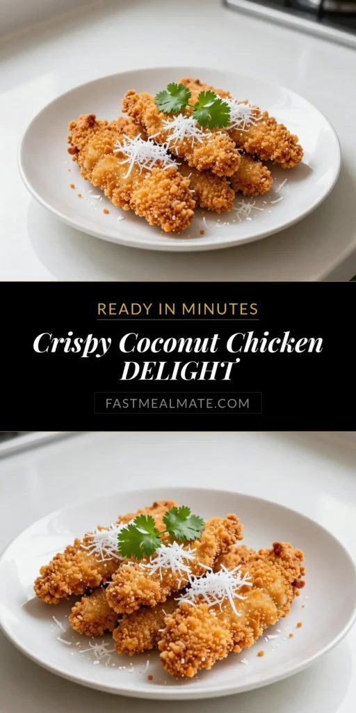 Looking for an easy and delicious dinner idea? Try this Coconut Crunch Chicken recipe! With its crispy coconut coating and juicy panko chicken breast, it’s a guaranteed hit. This fried chicken with coconut is perfect for any occasion. Follow this easy coconut chicken recipe and impress your family tonight! Save this post for your next meal prep! #CoconutCrunchChicken #CrispyCoconutChicken #PankoChickenBreast #EasyCoconutChickenRecipe