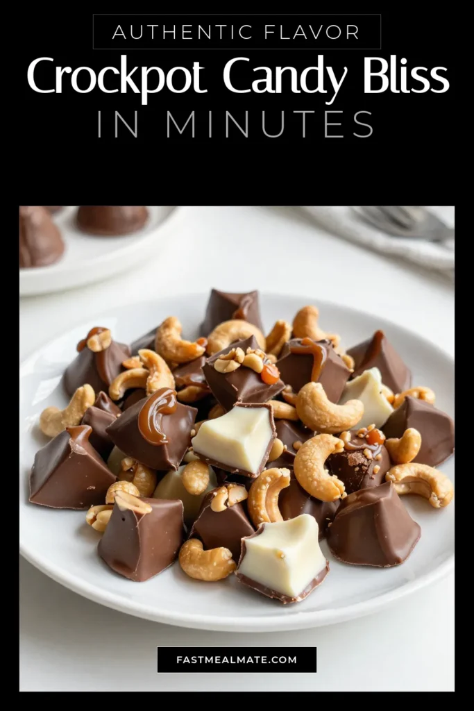 Indulge in this irresistible Crockpot candy recipe that's perfect for any occasion! This easy slow cooker treat combines salted peanuts, cashews, and a medley of chocolates for a homemade candy delight. Featuring a crunchy snack mix, it's a snack mix candy recipe that's fun and delicious for sharing. Whip up this decadent chocolate nut candy in just over 2 hours! Save this recipe for your next gathering! #CrockpotCandy #ChocolateNutCandy #EasySlowCookerTreats #HomemadeCandyDelight