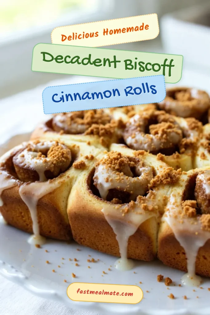 Indulge in the ultimate Biscoff dessert recipe with these easy Biscoff cookie butter cinnamon rolls! This homemade cinnamon roll recipe features warm, gooey rolls filled with Biscoff cookie butter and a sprinkle of cinnamon. Perfect for breakfast or a sweet treat, these Biscoff cinnamon rolls are a must-try! Bake a batch today and delight your taste buds! Don’t forget to save this recipe for later. #BiscoffCinnamonRolls #CookieButterCinnamonRolls #HomemadeCinnamonRolls #EasyCinnamonRollRecipe