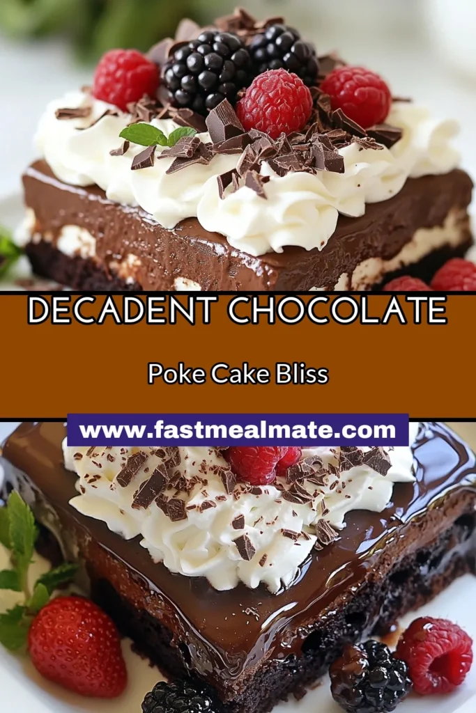 Satisfy your sweet tooth with this easy poke cake dessert packed with rich flavors! This chocolate poke cake recipe features a moist chocolate cake layered with indulgent chocolate fudge sauce and topped with fluffy whipped cream. Perfect for any occasion, this no bake chocolate cake recipe is sure to impress. Don't miss out on this decadent treat - save the recipe and whip up a slice today! #ChocolatePokeCake #EasyDesserts #IndulgentChocolate #ChocolateCake