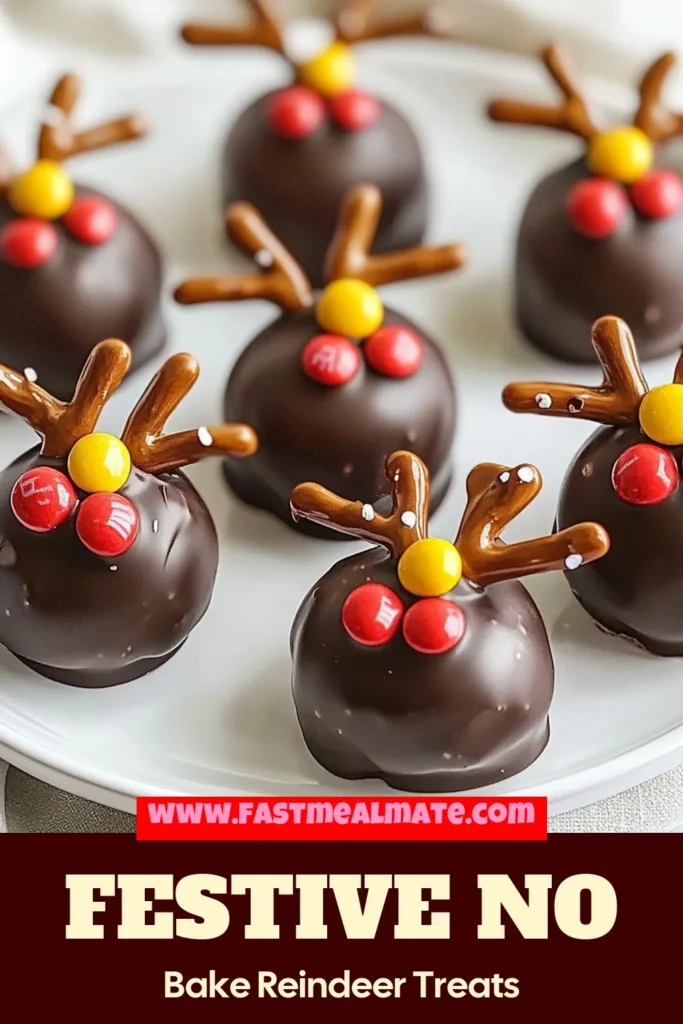 Get into the holiday spirit with these No-Bake Christmas Treats! This Reindeer Treats Recipe is perfect for easy holiday desserts. With chocolate cookie balls adorned with pretzel antlers, candy eyes, and red M&M noses, these festive no-bake desserts are a hit for any Christmas gathering. Whip them up in just 30 minutes! Save this recipe to impress your friends and family this season! #NoBakeChristmasTreats #ReindeerTreats #EasyHolidayDesserts #FestiveDesserts