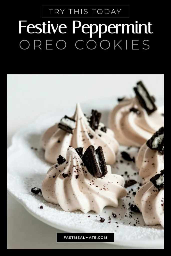 Delight in the festive season with these Peppermint Oreo meringue cookies! This easy holiday meringue cookie recipe combines fluffy meringue with crushed Oreos for a unique peppermint dessert idea. Perfect for your holiday gatherings, these cookies are sure to impress. Follow our simple steps to create a treat that everyone will love. Save this recipe and make your holidays sweeter! #PeppermintOreo #MeringueCookies #HolidayBaking #FestiveTreats