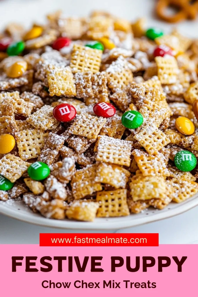 Create delightful memories this season with our Holiday Puppy Chow Chex Mix recipe! This easy puppy chow combines Rice Chex and Corn Chex with creamy peanut butter, chocolate, and festive M&M's, making it the perfect holiday party treat. Whip up this tasty mix in just 30 minutes for a fun and festive snack that everyone will love. Save this recipe for your next gathering! #HolidayPuppyChow #ChexMixRecipe #FestiveSnacks #HolidayPartyTreats