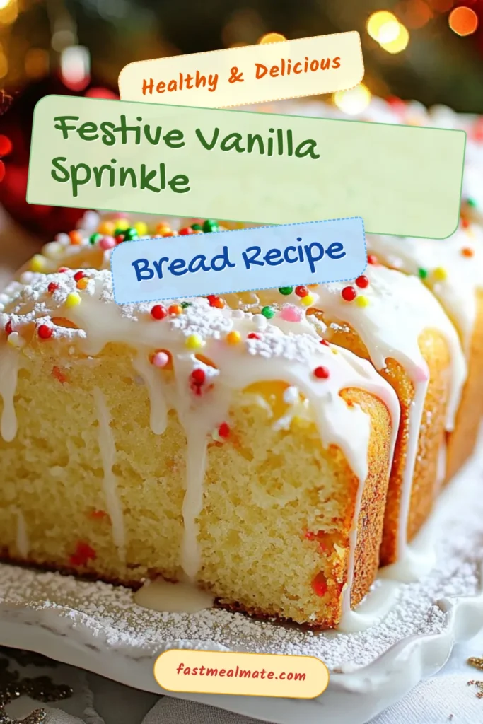 Indulge in the joy of the holiday season with this delightful Christmas vanilla bread! Our holiday sprinkle bread recipe is an easy Christmas baking favorite that's perfect for festive gatherings. This moist vanilla glaze bread recipe, packed with colorful sprinkles, is your go-to festive dessert bread. Bake a loaf today and impress your loved ones—don't forget to save this recipe for later! #ChristmasBaking #HolidayRecipes #DessertBread #EasyRecipes