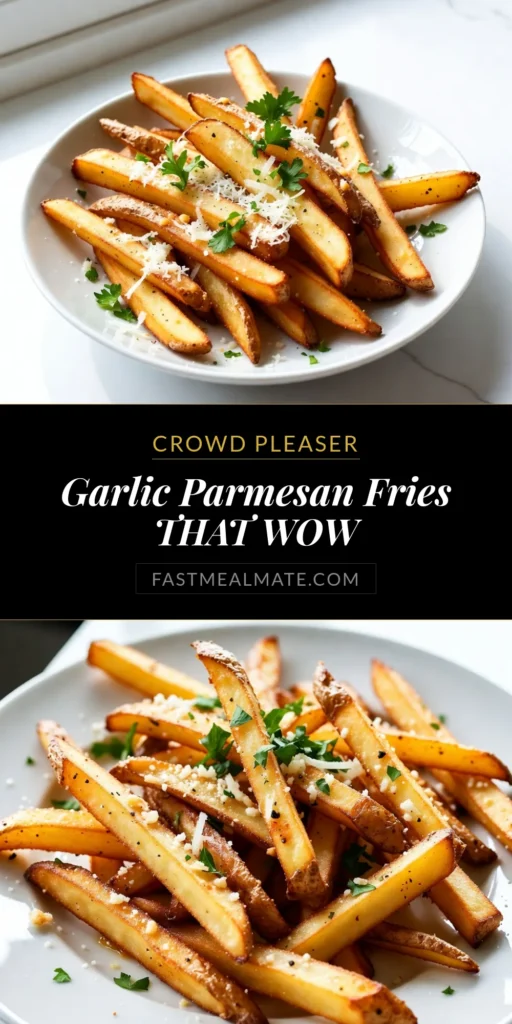 Discover the ultimate comfort food with this easy Garlic Parmesan Fries recipe! These oven-baked garlic fries are a crowd-pleaser that combines crispy, homemade fries with savory garlic and freshly grated Parmesan cheese. Perfect as a snack or side dish, this easy garlic fries recipe elevates any meal. Make them tonight and enjoy a deliciously satisfying treat! Save this recipe for perfect crispy Parmesan fries! #GarlicParmesanFries #OvenBakedFries #CrispyFries #EasyRecipe