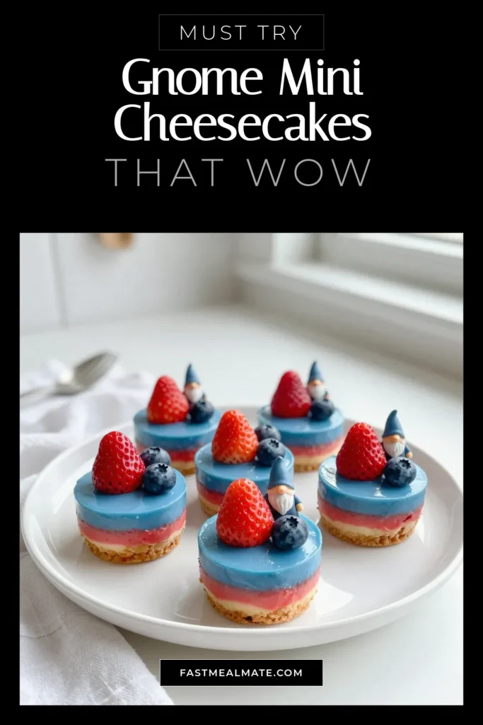 Delight in these no-bake mini cheesecakes with a fun gnome twist! This colorful cheesecake recipe is perfect for creating gnome-themed desserts that children will love. Easy to make and delicious, these fun dessert ideas for kids are sure to impress at any gathering. Dive into this easy cheesecake recipe that's both vibrant and tasty! Try it now! #NoBakeMiniCheesecakes #GnomeThemedDesserts #ColorfulCheesecakeRecipe #FunDessertIdeasForKids