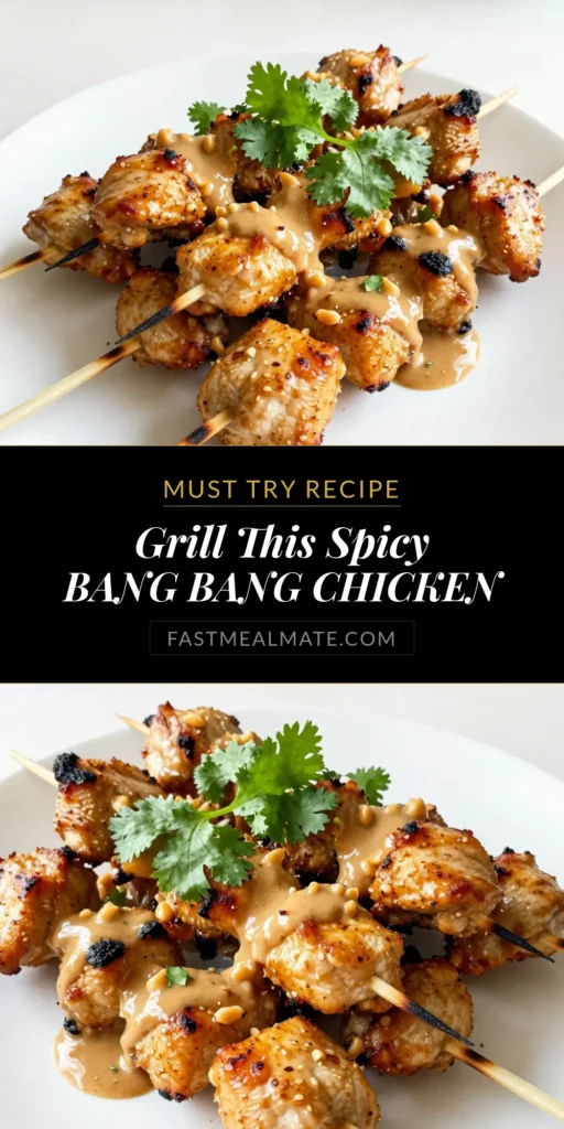Experience the bold flavors of Bang Bang Chicken Skewers with this easy grilled chicken skewers recipe! Perfect for your next cookout, these spicy chicken skewers deliver a delicious hit of creamy peanut butter and zesty sriracha. Ideal for quick meals, these easy chicken skewers are sure to impress. Ready to elevate your grilling game? Save this recipe for mouthwatering Bang Bang Chicken Skewers! #ChickenSkewers #GrilledChicken #EasyRecipes #SpicySkewers