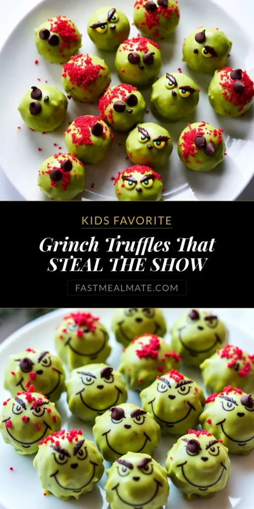 Get ready to spread holiday cheer with these adorable Grinch Christmas truffles! This easy no-bake Oreo truffle recipe combines crushed vanilla Oreos and creamy goodness, and they're coated in vibrant green candy melts. Perfect as festive holiday treats, these fun desserts are sure to delight. Don't miss out on the joy of creating these delightful sweets—try them today! Save this recipe! #GrinchChristmasTruffles #OreoTruffleRecipe #NoBakeChristmasSweets #FestiveHolidayTreats