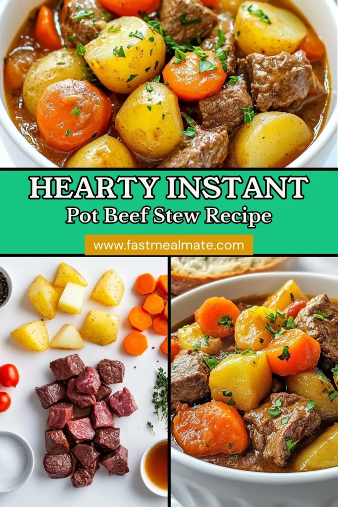 Discover the perfect Instant Pot beef stew that will warm your heart! This savory beef stew recipe combines tender chunks of beef, vibrant vegetables, and rich flavors in an easy beef stew made in your pressure cooker. In just one hour, you can enjoy a hearty beef stew recipe that your whole family will love. Try it today and savor every bite! Save this recipe for dinner inspiration. #InstantPotBeefStew #SavoryRecipes #ComfortFood #EasyCooking