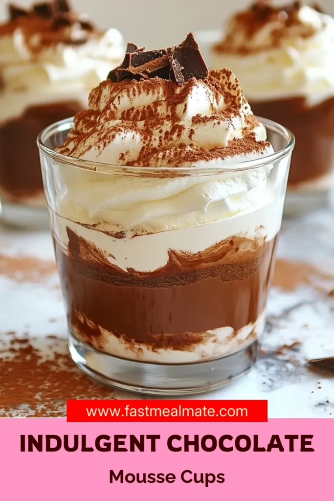 Indulge in these easy chocolate mousse cups that are a must-try for any dessert lover! This chocolate mousse recipe combines whipped cream, egg whites, and rich chocolate for a decadent chocolate dessert that impresses. Learn how to whip up homemade chocolate mousse with this simple guide. Perfect for gatherings or a sweet treat for yourself. Don't miss out—save for later! #ChocolateMousseRecipe #DecadentDesserts #EasyChocolateMousse #HomemadeMousse