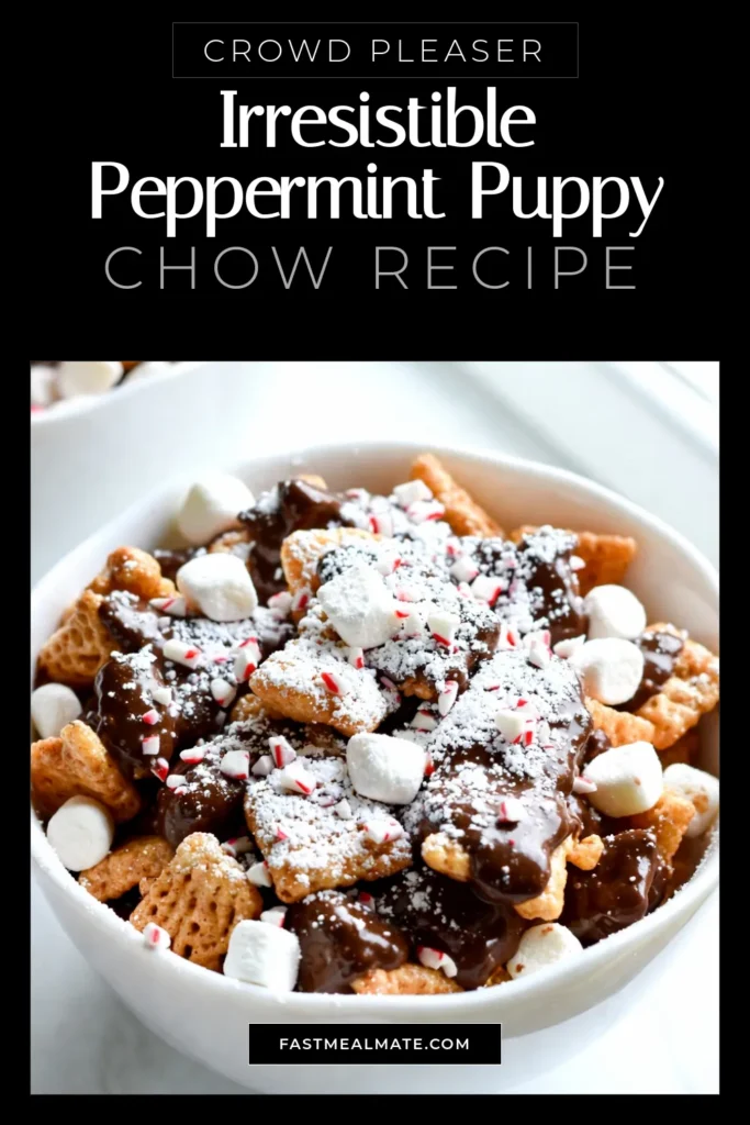 Indulge in the festive spirit with this delightful Peppermint Bark Puppy Chow! This easy Christmas Puppy Chow recipe combines Rice Chex cereal with rich chocolate and refreshing peppermint for a perfect holiday snack. Whip up this magical holiday treat in just 15 minutes and share it with friends or gift it in cute treat bags. Your loved ones will adore this sweet twist on classic puppy chow! Try this easy peppermint treat today! #PeppermintBarkPuppyChow #HolidaySnackRecipes #EasyPeppermintTreats #RiceChexHolidayMix
