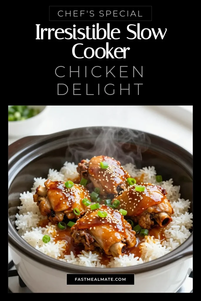 Discover the ultimate easy slow cooker chicken dinner with this slow cooker honey garlic chicken thighs recipe! Juicy, tender chicken thighs infused with a sweet and savory Asian-inspired honey garlic sauce make for a healthy chicken thighs recipe that everyone will love. Perfect for busy nights, your family will be asking for seconds. Try this delicious honey garlic chicken today and save the recipe for later! #SlowCookerRecipes #HealthyEating #ChickenDinners #AsianCuisine