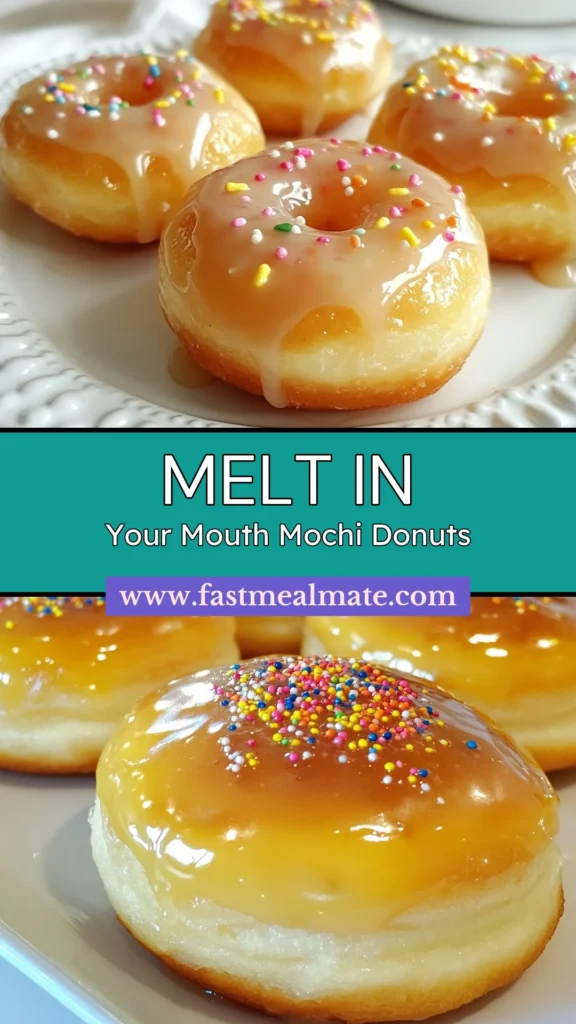 Indulge in these delicious glazed mochi doughnuts, made with sweet rice flour for a unique twist on traditional treats. This easy mochi doughnut recipe features baked mochi doughnuts that are irresistibly soft and chewy. Top them with an easy doughnut glaze for a perfect finishing touch! Ideal for any occasion, these doughnuts are a fun addition to your dessert table. Save this recipe and impress your friends! #MochiDoughnuts #BakedDoughnuts #DessertRecipe #SweetTreats
