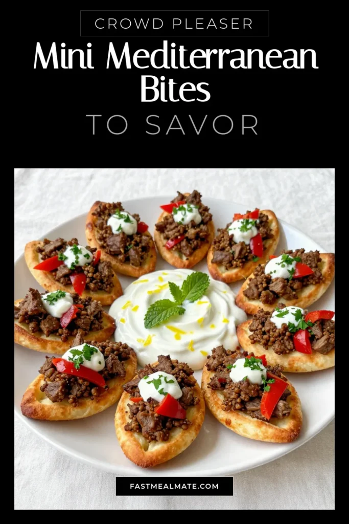 Discover the deliciousness of this Mediterranean lahmacun recipe with these mini lahmacun bites, perfect for parties or a cozy night in. Topped with a creamy herbed yogurt sauce, these ground lamb appetizers deliver the authentic taste of Turkish street food snacks. Easy to make and bursting with flavor, they're sure to impress! Try this delightful recipe today and elevate your appetizer game. Save for later! #MediterraneanFood #Lahmacun #TurkishSnacks #AppetizerRecipes
