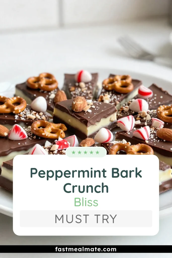 Indulge in this delicious peppermint bark recipe that’s perfect for the holidays! Our Festive Peppermint Bark Crunch combines rich dark and white chocolate with crushed peppermint candies and pretzel bits, making it one of the best festive dessert ideas. Ideal for easy Christmas snacks or homemade peppermint candy gifts, this treat is sure to impress. Make your holidays sweeter and pin this easy recipe today! #PeppermintBark #HolidayTreats #ChristmasSnacks #DessertIdeas