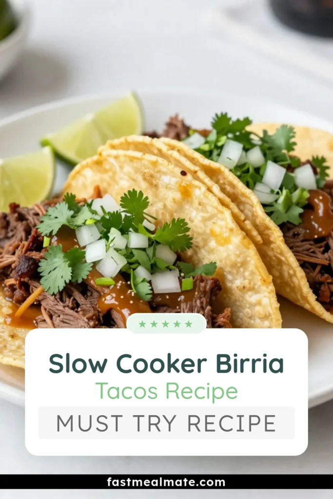 Discover the ultimate slow cooker birria tacos with this savory birria recipe that features tender beef chuck roast tacos packed with flavor. These authentic birria tacos are perfect for family gatherings or taco nights. Enhance your meal with taco garnish ideas like fresh cilantro and lime wedges. Try this easy recipe and bring the vibrant taste of Mexican cuisine to your table! Save it now! #BirriaTacos #SlowCookerRecipes #TacoNight #AuthenticMexicanFood