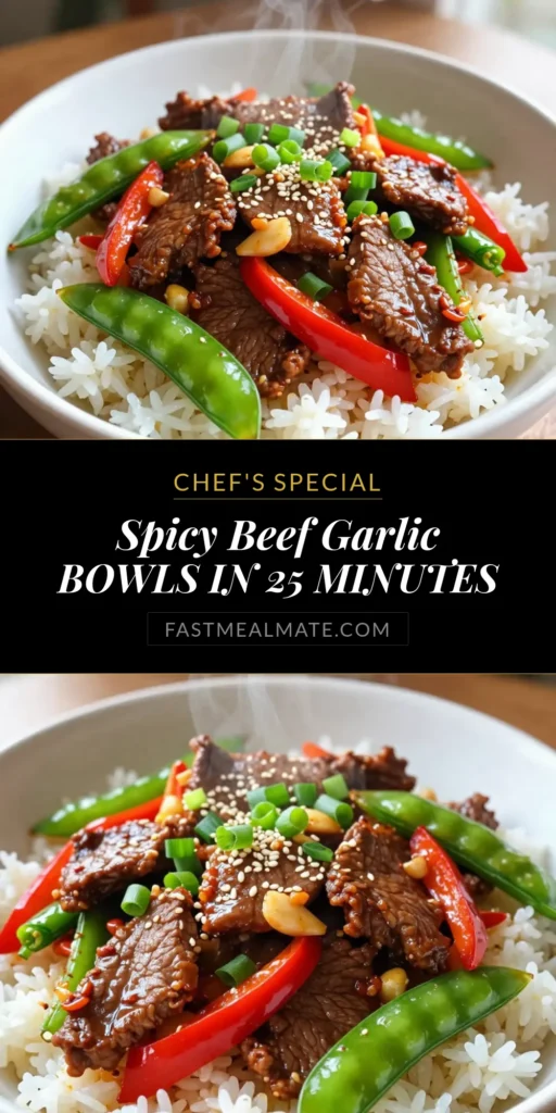 Looking for a quick and flavorful meal? Try this Spicy Beef Garlic Stir-Fry Bowls recipe! Featuring tender flank steak stir-fry tossed in a savory sauce and loaded with vibrant vegetables, this garlic beef bowl is a hit. Perfect for busy nights, this vegetable stir-fry recipe is easy to customize with your favorite toppings. Whip up a sriracha beef stir-fry that everyone will love! Save this recipe for your next dinner! #SpicyBeefStirFry #GarlicBeefBowls #FlankSteakStirFry #VegetableStirFryRecipe