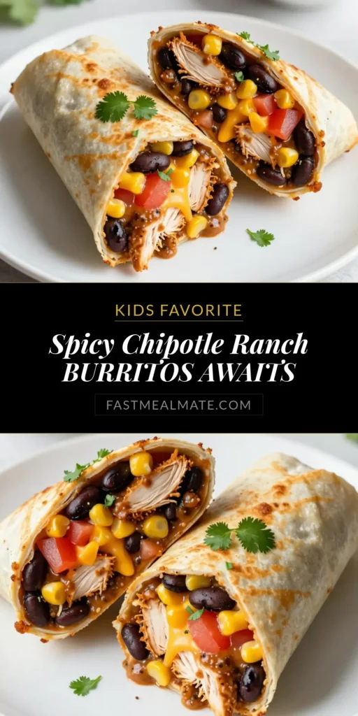 Discover the ultimate Chipotle Ranch Chicken Burritos recipe! This easy chicken burrito recipe features shredded chicken coated in zesty chipotle ranch dressing, mixed with rice, black beans, and fresh veggies. Perfect for quick meals, these delicious Mexican burrito recipes are sure to impress. Try this chipotle ranch dressing burrito tonight and enjoy a flavor explosion! Don't miss out—save this recipe for your next meal! #BurritoNight #EasyRecipes #MexicanFood #ChickenBurrito