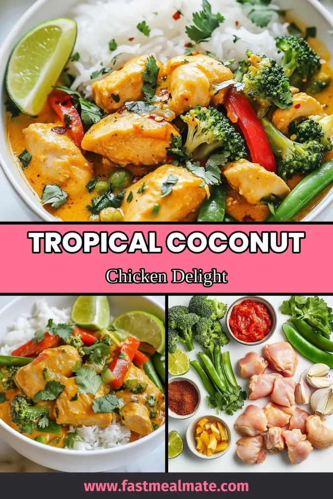 Savor the flavors of our Tropical Coconut Chicken Curry, a delightful dish that combines tender chicken with creamy coconut milk. This easy chicken curry features Thai red curry paste and a medley of vegetables, making it a perfect weeknight dinner. Ready in just 30 minutes, it's a must-try for fans of coconut milk recipes! Don’t miss out—save this recipe and bring a taste of the tropics home! #CoconutCurry #EasyChickenCurry #TropicalChickenCurry #ThaiRedCurry