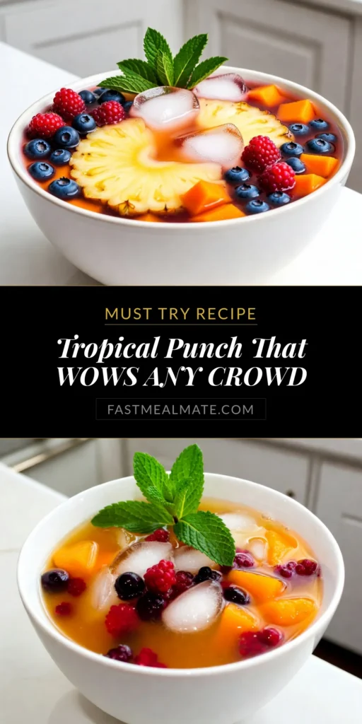 Beat the heat with this tropical party punch that’s perfect for all your summer gatherings! This fruity punch recipe combines pineapple juice, orange juice, and coconut water to create a refreshing summer drink that’s bursting with flavor. Fruity mixed berries and fresh mango offer an irresistible touch. Make your next party unforgettable with this coconut water punch! Save this recipe today! #TropicalPunch #FruityPunchRecipe #SummerDrinks #PartyDrinks