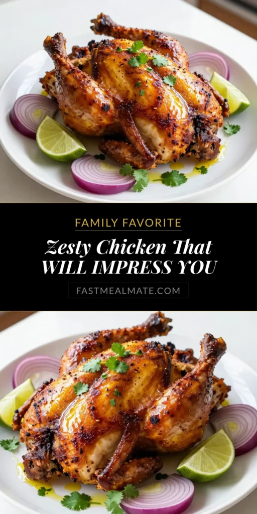 Discover the vibrant flavors of Peruvian roasted chicken with this zesty chicken recipe that’s sure to impress. Marinated roasted chicken in a blend of spices, lime juice, and fresh cilantro delivers a mouthwatering experience. Perfect for dinner, this roasted chicken with spices is juicy and full of flavor. Try this cilantro lime chicken today! Save this recipe to bring the taste of Peru to your table. #PeruvianRoastedChicken #ZestyChickenRecipe #CilantroLimeChicken #RoastedChickenWithSpices