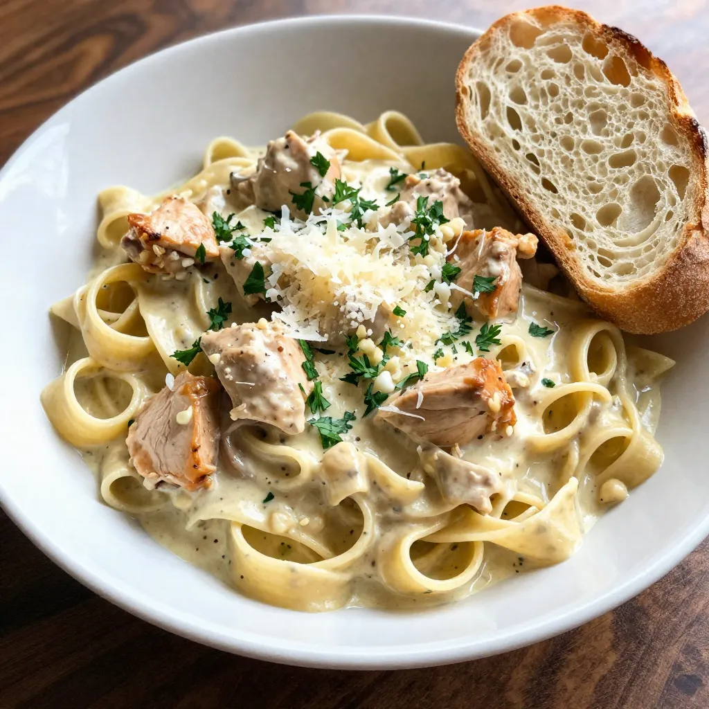- 12 oz fettuccine or pasta of choice - 1 pound boneless, skinless chicken thighs - 3 cloves garlic, minced - 1 cup heavy cream - 1 cup freshly grated Parmesan cheese - 2 tablespoons unsalted butter - 1 teaspoon smoked paprika - 1 teaspoon cayenne pepper - 1 teaspoon dried oregano - Fresh parsley, chopped - Additional spices for flavor - Crusty bread for serving For this creamy cowboy butter chicken pasta, I focus on simple yet bold flavors. Each ingredient plays a vital role in bringing the dish to life. The fettuccine gives a lovely base, while the chicken thighs add richness. I love using chicken thighs because they stay juicy during cooking. Minced garlic brings a wonderful aroma. Heavy cream makes the sauce silky smooth. Freshly grated Parmesan adds cheesy depth, creating a satisfying finish. In terms of seasoning, unsalted butter is a must. It adds a rich flavor that blends well with the spices. Smoked paprika gives a hint of smokiness, while cayenne pepper offers heat. Dried oregano rounds out the taste beautifully. For garnish, I always sprinkle fresh parsley. It adds color and a burst of freshness to the dish. If you want, consider crusty bread as a side for sopping up that delicious sauce. This dish is not just a meal; it’s an experience. Each ingredient shines through, making it a joy to prepare and eat. {{ingredient_image_2}} First, bring a large pot of salted water to a boil. Add 12 oz of your favorite pasta. Cook it until it is al dente, which takes about 8-10 minutes. Drain the pasta but save about 1 cup of the starchy water. This water helps thicken the sauce later. Next, take a big skillet and melt 2 tablespoons of unsalted butter over medium-high heat. Add 1 pound of cut chicken thighs to the skillet. Season the chicken with salt, pepper, 1 teaspoon of smoked paprika, and 1 teaspoon of cayenne pepper. Cook the chicken for about 5-7 minutes, stirring often. You want it golden brown and fully cooked. Once the chicken is cooked, lower the heat to medium. Add 3 cloves of minced garlic to the skillet. Sauté it for around 1 minute until it smells great. Be careful not to burn the garlic! Now, gradually pour in 1 cup of heavy cream while stirring. Next, add 1 cup of grated Parmesan cheese. Stir until the cheese melts and the sauce gets creamy. If it’s too thick, mix in some reserved pasta water until you reach the right consistency. Now, add the cooked pasta to the skillet with the sauce and chicken. Toss everything together gently. Let it simmer for 2-3 minutes. This helps all the flavors come together and warms the pasta. Taste the pasta and adjust the seasoning if needed. You can add more salt and freshly cracked black pepper. Finally, remove it from the heat and sprinkle chopped fresh parsley on top. You can add extra Parmesan too for a nice finish. - To get the perfect al dente pasta, cook it for 1-2 minutes less than the package says. - Stir the pasta while it cooks. This helps keep it from sticking together. - When sautéing chicken, use medium-high heat. This gives a nice golden color. - Don't overcrowd the pan. Cook in batches if needed to keep the chicken juicy. - If your sauce is too thick, add a bit of reserved pasta water. This will help. - For a thinner sauce, stir in the pasta water slowly until you reach your desired thickness. - The starchy pasta water is key. It helps the sauce cling to the pasta. - Want more spice? Add extra cayenne pepper or a dash of hot sauce. - Serve this pasta with a side of crusty bread. It’s great for soaking up the sauce. - A simple salad with fresh veggies pairs well and adds crunch to your meal. Pro Tips Perfect Pasta Texture: Make sure to cook the pasta al dente, as it will continue to cook slightly when mixed with the sauce, ensuring it maintains the perfect bite. Butter Before Chicken: For an extra layer of flavor, consider browning the butter slightly before adding the chicken. This will add a nutty aroma to your dish. Cheese Quality Matters: Use freshly grated Parmesan cheese instead of pre-grated for a smoother, creamier sauce. Freshly grated cheese melts better and has more flavor. Adjust Spice Level: If you prefer a milder dish, reduce the cayenne pepper or omit it altogether. You can always add a pinch later if you desire more heat! {{image_4}} You can switch up the chicken in this recipe. Shrimp or beef work well too. Both options add unique flavors. If you prefer a vegetarian dish, use mushrooms instead of meat. Mushrooms absorb the creamy sauce nicely and add a great texture. Feel free to change the type of pasta. Gluten-free or whole wheat pasta both taste great. You can also use spiralized vegetables, like zucchini or carrots, for a low-carb choice. These add a fun twist and keep the dish light. You can enhance the flavor with different herbs and spices. Adding fresh basil or thyme can make it taste fresh. You can also toss in vegetables like spinach or bell peppers. These add color and nutrition to your meal while keeping it exciting. To keep your creamy cowboy butter chicken pasta fresh, use a good container. I suggest a glass or plastic container with a tight lid. This helps seal in moisture and flavor. Allow the pasta to cool before sealing it. Place it in the fridge for up to three days. If you want to enjoy it later, store it right after it cools. You can reheat your pasta in two ways: the microwave or stovetop. For the microwave, place it in a bowl, cover it, and heat in short bursts. Stir in between to heat evenly. For stovetop reheating, warm it in a skillet over low heat. Add a splash of water or cream to keep it creamy. This helps avoid dried-out pasta. To freeze the pasta, let it cool completely. Then, store it in a freezer-safe container. It can last up to two months in the freezer. When you're ready to eat, thaw it in the fridge overnight. Reheat it on the stovetop or microwave as mentioned. This keeps the flavors fresh and delicious. Cowboy butter is a rich, flavorful sauce. It blends butter with spices and herbs. The taste is creamy, smoky, and slightly spicy. You can find flavors like garlic, paprika, and cayenne. It works well on meats, vegetables, and pasta. Use it as a dipping sauce or topping for grilled foods. Cowboy butter adds a unique twist to any dish. Yes, you can prep this dish in advance. Cook the pasta and chicken earlier in the day. Store them separately in airtight containers. Keep the creamy sauce in another container. When ready to eat, reheat everything on the stove. Add a splash of reserved pasta water to keep it creamy. This method helps the flavors stay fresh. To make it spicier, add more cayenne pepper or red pepper flakes. You can also mix in diced jalapeños for an extra kick. If you prefer a milder dish, cut back on the cayenne. You can replace it with sweet paprika for flavor without the heat. Adding cream can also tone down the spice level. Balance flavors by tasting as you go. In this post, I covered how to make a rich and creamy chicken pasta dish. We looked at essential ingredients like chicken thighs, garlic, and Parmesan cheese. I shared step-by-step instructions for cooking and combining all elements perfectly. You also learned tips for great flavor and texture. Finally, I discussed variations and how to store leftovers. Whether you're making it for a special meal or a quick dinner, this dish is sure to impress. Enjoy experimenting with flavors and ingredients!