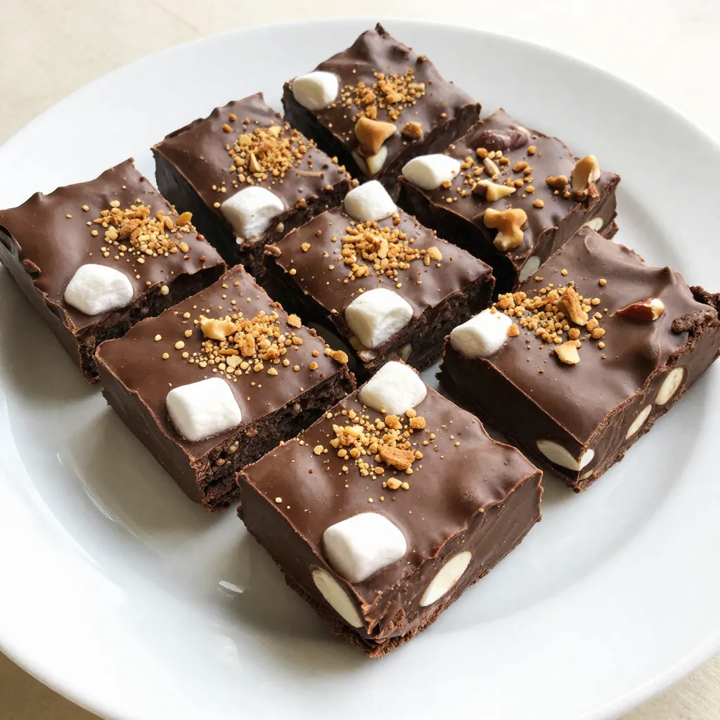 To make Rocky Road Chocolate Fudge, you need these simple ingredients: - 2 cups semi-sweet chocolate chips - 1 can (14 oz) sweetened condensed milk - 1 teaspoon pure vanilla extract - 1 cup mini marshmallows - 1 cup chopped nuts (walnuts or almonds) - 1/2 cup crushed graham crackers - A pinch of salt Each ingredient plays an important role in creating that delightful taste. The semi-sweet chocolate chips give a rich flavor. Sweetened condensed milk adds creaminess and sweetness. Vanilla extract enhances the overall taste with its warm notes. Mini marshmallows bring that classic Rocky Road texture. Chopped nuts add crunch, while crushed graham crackers give a nice base and additional flavor. The pinch of salt balances all the sweetness. Remember, using high-quality ingredients makes a big difference. Always choose the best chocolate you can find. This will elevate your fudge to a whole new level. {{ingredient_image_2}} Start with an 8x8 inch baking pan. Take a piece of parchment paper. Cut it larger than the pan. Place the paper in the pan, letting it hang over the edges. This helps lift the fudge out easily when it’s set. Smooth out any wrinkles for a clean look. In a medium saucepan, add 2 cups of semi-sweet chocolate chips, 1 can of sweetened condensed milk, and a pinch of salt. Set the pan over low heat. Stir this mixture gently and constantly. This keeps the chocolate from burning and helps it melt evenly. You want a smooth and creamy blend. Once your chocolate is melted, remove the pan from the heat. Stir in 1 teaspoon of pure vanilla extract for flavor. Then, fold in 1 cup of mini marshmallows, 1 cup of chopped nuts, and 1/2 cup of crushed graham crackers. Make sure these ingredients mix well with the chocolate. This gives your fudge that classic Rocky Road texture. Pour the mixture into your lined pan and spread it out evenly. To prevent burning chocolate, use low heat. If it gets too hot, the chocolate can seize or burn. Stir constantly while melting. This keeps the chocolate smooth and creamy. If you see any lumps, remove the heat and keep stirring until melted. Always use a heavy-bottomed pan. It helps spread the heat evenly. To test fudge consistency, scoop a small amount and let it cool. If it firms up but is still soft, you are good to go. If it’s too runny, it needs more time in the fridge. Remember, it will harden as it cools. Check after two hours for the right texture. For a fun presentation, arrange the fudge on a colorful plate or in a box. You can also stack the pieces in layers for height. Add extra mini marshmallows or nuts on top for a pop of color. These touches make your fudge look as tasty as it is! Pro Tips Use High-Quality Chocolate: The flavor of your fudge is heavily influenced by the type of chocolate you use. Opt for high-quality semi-sweet chocolate chips for the best taste. Don’t Overheat the Mixture: When melting the chocolate, keep the heat low and stir continuously to prevent burning. This ensures a smooth and creamy fudge. Customize Your Add-Ins: Feel free to experiment with different nuts, like pecans or macadamias, and even add dried fruits for a unique twist on the traditional Rocky Road. Store Properly: To keep your fudge fresh, store it in an airtight container at room temperature for up to a week, or in the refrigerator for longer shelf life. {{image_4}} You can switch up the nuts in your fudge. Try using pecans or hazelnuts. Each nut brings its own taste and crunch. Walnuts give a rich flavor, while almonds add a nice snap. If you want a fruity twist, add dried cherries or cranberries. These changes can make your Rocky Road unique! Want to boost the taste? Consider adding peanut butter or caramel. Stir in a half cup of creamy peanut butter for a nutty kick. Or drizzle some caramel on top before it sets. This adds a sweet surprise to each bite. You can even mix in some espresso powder. It enhances the chocolate flavor and gives a deeper taste. If you're looking for gluten-free options, use gluten-free graham crackers. You can also make this fudge vegan. Replace the chocolate chips with dairy-free ones. Use coconut milk instead of sweetened condensed milk. These swaps will keep the fudge tasty and fun for everyone. Store your Rocky Road Chocolate Fudge in an airtight container. This keeps it fresh and tasty. Use parchment paper between layers to stop them from sticking. Keep the container in a cool, dry place. Avoid areas with heat or light, as they can change the fudge's texture. Rocky Road Chocolate Fudge lasts about one to two weeks at room temperature. If you keep it in the fridge, it can last up to three weeks. Always check for any signs of spoilage, like off smells or changes in texture. If it looks good, it’s probably still safe to eat. To freeze your fudge, follow these steps: 1. Cut the fudge into small squares or rectangles. Smaller pieces freeze better. 2. Wrap each piece in plastic wrap. This prevents freezer burn and keeps the flavor intact. 3. Place the wrapped pieces in a freezer-safe bag or container. Make sure to label it with the date. 4. To thaw, remove the fudge from the freezer. Let it sit at room temperature for about 30 minutes before eating. This helps regain its soft, chewy texture. Now, you can enjoy your fudge anytime! Yes, you can use milk chocolate. It makes the fudge sweeter and creamier. The texture may change. Milk chocolate melts smoothly, but it won’t have the same rich taste. If you want a strong chocolate flavor, stay with semi-sweet. For a dairy-free option, use coconut cream or cashew cream. You can also mix almond milk with sugar for a similar effect. Other choices include oat milk or soy milk with sugar. These alternatives keep the fudge tasty while fitting different diets. Check the fudge after about two to three hours in the fridge. It should feel firm but not hard. Press your finger gently on top. If it holds the shape, it is ready. If it feels soft, give it more time to chill. This guide took you through making delicious Rocky Road Chocolate Fudge. We covered ingredients, preparation, and important tips. You learned about variations to suit different tastes and dietary needs. Now, with proper storage, your fudge can stay fresh and tasty. Enjoy your fudge-making journey! Experiment and share it with friends. Each bite can bring joy and satisfaction.