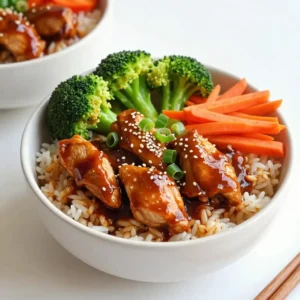 - 1 pound boneless, skinless chicken breast, diced into bite-sized pieces - 1 cup broccoli florets (fresh or frozen) - 1 cup bell peppers, sliced (use a mix of colors for fun) - 1 cup shredded carrots - 2 cloves garlic, minced - 1 tablespoon fresh ginger, finely grated For the teriyaki sauce, you will need: - 2 tablespoons low-sodium soy sauce (or tamari for gluten-free) - 2 tablespoons honey or pure maple syrup - 1 tablespoon rice vinegar - 1 teaspoon sesame oil - Salt and black pepper, to taste You can choose between: - 1 cup brown rice, cooked and fluffy - 1 cup quinoa, cooked and fluffy Both grains work well and add healthy fiber. To add flavor and texture, include: - 2 green onions, thinly sliced for garnish - Sesame seeds for garnish These toppings make your dish look and taste even better! {{ingredient_image_2}} Start by mixing the sauce. In a medium bowl, combine: - 2 tablespoons low-sodium soy sauce - 2 tablespoons honey or pure maple syrup - 1 tablespoon rice vinegar - 1 teaspoon sesame oil - 1 tablespoon fresh ginger, finely grated - 2 cloves garlic, minced Whisk these ingredients together until they blend well. This sauce gives your chicken that sweet, savory flavor we all love. Set it aside for later. Next, heat a large skillet over medium-high heat. Add 1 pound of diced chicken breast to the skillet. Season it with salt and black pepper. Cook the chicken for about 5-7 minutes. Stir it often, so it browns evenly. You want it to reach at least 165&deg;F or 74&deg;C inside before removing it from the heat. This step ensures your chicken is juicy and safe to eat. Once cooked, pour the teriyaki sauce over the chicken. Stir it well to coat all the pieces. Cook for another 2-3 minutes. This thickens the sauce and helps it stick to the chicken. While the chicken cooks, prepare your veggies. Use a steamer or a pot with a lid. Add: - 1 cup broccoli florets - 1 cup sliced bell peppers - 1 cup shredded carrots Steam them for about 3-4 minutes. You want them to be bright and tender but still crunchy. This method keeps their vibrant colors and nutrients intact. Now it&rsquo;s time to put it all together. Start with a base of grains. Place a generous scoop of cooked brown rice or quinoa in each bowl. Then, add the teriyaki chicken on top. Finally, layer the steamed vegetables over the chicken. To finish, garnish each bowl with sliced green onions and a sprinkle of sesame seeds. This adds a nice crunch and enhances the flavor of your dish. Now, you&rsquo;re ready to serve your healthy teriyaki chicken rice bowls! Enjoy the colorful mix of flavors and textures in every bite. To make your teriyaki chicken rice bowls even healthier, consider these swaps: - Use skinless chicken thighs instead of breasts for added flavor. - Swap honey for stevia or agave syrup to cut calories. - Choose brown rice or quinoa for more fiber and nutrients. - Use low-sodium soy sauce to lower salt intake. Here are some tips for juicy chicken: - Always cut chicken into even-sized pieces. This helps it cook evenly. - Avoid overcrowding the pan. Cook in batches if needed. - Use a meat thermometer to check doneness. Aim for 165&deg;F (74&deg;C). - Let the chicken rest for a few minutes after cooking. This keeps it juicy. To deepen the flavor of your bowls, try adding: - Fresh herbs like cilantro or basil for a burst of freshness. - A splash of lime juice for brightness. - A sprinkle of chili flakes for heat. - Sesame seeds or chopped nuts for crunch and texture. Pro Tips Marinate for More Flavor: Allow the diced chicken to marinate in the teriyaki sauce for at least 30 minutes before cooking. This will enhance the flavor and tenderness of the chicken. Use Fresh Ingredients: Whenever possible, use fresh ginger and garlic for the best flavor. They add a vibrant and aromatic touch to your dish. Customize Your Veggies: Feel free to swap in your favorite vegetables or whatever you have on hand. Snap peas, bok choy, or asparagus work great in this recipe! Meal Prep Friendly: These bowls are perfect for meal prep! Make a big batch and store them in the fridge for quick and healthy lunches throughout the week. {{image_4}} You can swap out chicken for different proteins. Try diced tofu for a plant-based option. Shrimp works well too, cooking quickly and adding great flavor. If you prefer beef, thinly sliced flank steak will do the trick. Just adjust the cooking time to ensure everything is cooked through. For a vegetarian dish, use firm tofu or tempeh. Marinating them in the teriyaki sauce adds flavor. You can also use seitan, which mimics chicken well. This gives you a hearty meal without meat. Pair these options with extra veggies for a colorful bowl. Using fresh, seasonal produce can elevate your dish. In spring, add snap peas or asparagus for crunch. Summer brings ripe tomatoes and zucchini, which add flavor. In fall, use sweet potatoes or squash for warmth. Winter veggies like kale or Brussels sprouts can provide nutrition and texture. Adapting your bowl with what's fresh makes it exciting and healthy. To warm leftovers, use the microwave or stovetop. If using the microwave, heat in a bowl. Cover it with a damp paper towel to keep moisture. Heat for 1-2 minutes, stirring halfway. On the stovetop, use a skillet over low heat. Add a splash of water or broth to prevent drying out. Stir until heated through. Store your rice bowls in airtight containers. Divide the chicken, rice, and veggies into separate compartments if possible. This helps keep everything fresh. Let them cool before sealing. Refrigerate within two hours of cooking. For longer storage, consider freezing. Use freezer-safe containers, leaving space for expansion. In the fridge, your healthy teriyaki chicken rice bowls last about 3-4 days. If you freeze them, they can stay good for up to 3 months. To ensure freshness, label your containers with the date. This way, you can enjoy your meal prep without worry! You can use tamari if you want a gluten-free option. Coconut aminos is another choice. It has a sweeter taste and is lower in sodium. Both are great for those avoiding soy. You can even mix in a bit of apple cider vinegar for tang. Yes, you can meal prep this recipe! Cook the chicken and veggies ahead of time. Store them in separate containers in the fridge. When you are ready to eat, just reheat and serve over rice or quinoa. This makes a quick lunch or dinner option. To add more depth, try adding sriracha to the sauce. You can also mix in a dash of sesame seeds or chili flakes for heat. Fresh herbs like cilantro or basil can give a fresh twist. Feel free to experiment! This blog post explored making tasty teriyaki rice bowls. You learned about key ingredients like chicken, vegetables, and the right sauces. I shared easy, step-by-step instructions to prepare your meal perfectly. We also talked about tips for healthier choices and fun variations. Storing your leftovers correctly ensures they stay fresh. Now, you can create delicious teriyaki rice bowls your way. Enjoy cooking and making it unique!