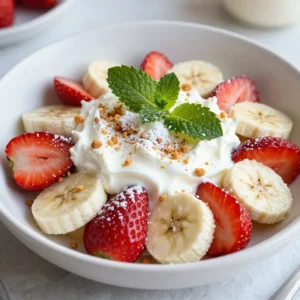 - 2 cups fresh strawberries, hulled and sliced - 2 ripe bananas, sliced - 1 cup cream cheese, softened at room temperature - &frac12; cup Greek yogurt - ⅓ cup powdered sugar - 1 teaspoon vanilla extract - &frac12; teaspoon lemon juice - 1 cup graham cracker crumbs - Fresh mint leaves for garnish Fresh ingredients bring life to any dish. For this Strawberry Banana Cheesecake Salad, the choice of fruit matters. You need ripe strawberries and bananas. Strawberries should be bright red and sweet. Bananas should be just ripe, not too soft. This way, they will hold their shape in the salad. The creamy base is key to this salad's charm. First, I use cream cheese for richness. Softening it at room temperature makes mixing easy. Then, I add Greek yogurt for that extra creaminess. This combination works well and tastes great. The powdered sugar adds the right sweetness. Vanilla extract gives a warm flavor. A touch of lemon juice brightens it all up. This creamy mix is smooth and perfect for the fruit. The crunch factor is the final touch. Graham cracker crumbs add texture that contrasts the creaminess. They give a nice crunch. Lastly, fresh mint leaves add a pop of color and a fresh taste. This combination of fresh fruit, creamy base, and crunchy topping makes the salad a delight. Enjoy each bite! {{ingredient_image_2}} Start by gathering your ingredients. In a medium bowl, combine: - 1 cup cream cheese, softened - &frac12; cup Greek yogurt - ⅓ cup powdered sugar - 1 teaspoon vanilla extract - &frac12; teaspoon lemon juice Using an electric mixer, blend these ingredients on medium speed. Keep mixing until the mixture is smooth and creamy. You want it lump-free for the best texture. Next, take a large mixing bowl. Gently toss together: - 2 cups fresh strawberries, hulled and sliced - 2 ripe bananas, sliced Be careful while mixing. You want to ensure the fruit is even but avoid bruising the bananas. This step keeps everything looking fresh and vibrant. Now it's time to bring it all together. Carefully pour the creamy mixture over the fruit in the large bowl. Use a spatula to gently fold the mixture into the fruit. Make sure each piece of fruit is well coated in the creamy goodness. Cover the bowl with plastic wrap. Place it in the refrigerator for at least 30 minutes. This time allows the flavors to meld beautifully. Chilling also makes the salad refreshing. When you're ready to serve, sprinkle 1 cup of graham cracker crumbs over the top. This will add a lovely crunch. For an extra touch, garnish with fresh mint leaves. This not only looks great but adds a pop of color and flavor. Enjoy your Strawberry Banana Cheesecake Salad! To make your salad smooth and creamy, start with room-temperature cream cheese. This helps it blend well. Mix it with Greek yogurt, powdered sugar, vanilla, and lemon juice. Use an electric mixer on medium speed until it&rsquo;s lump-free. When tossing the bananas with strawberries, be gentle. Bananas bruise easily, which can make your salad look messy. Use a light hand to keep the slices intact and fresh. You can adjust the sweetness of your salad by adding more powdered sugar. Taste it as you go. If you want a lighter option, try using honey or agave syrup instead of powdered sugar. This change can add a unique flavor. If you don't have Greek yogurt, you can use sour cream or regular yogurt. Each option will give your salad a creamy base. Just remember, Greek yogurt offers a thicker texture. Serve your Strawberry Banana Cheesecake Salad in clear glass bowls. This will show off the bright colors of the strawberries and bananas. It makes the dish look pretty and tempting. For a pop of color, sprinkle fresh mint leaves on top. They add freshness and a lovely green touch. You can also try adding a few extra graham cracker crumbs for a nice crunch. Pro Tips Choose Ripe Fruits: Use perfectly ripe strawberries and bananas for the best flavor and texture. Overripe fruits can make the salad mushy. Chill Before Serving: Allow the salad to chill for at least 30 minutes. This helps the flavors meld together and enhances the overall taste. Graham Cracker Variations: For a twist, try using flavored graham crackers like cinnamon or chocolate to add a unique touch to your salad. Fresh Mint Garnish: Fresh mint not only adds a pop of color but also complements the flavors of the fruits beautifully. Don&rsquo;t skip this step! {{image_4}} You can switch up the fruits in this salad. Other berries like blueberries or raspberries add fun flavors. They mix well with the creamy base and give more color. If it's summer, try using peaches. They bring a sweet and juicy twist that pairs nicely with the creaminess. Want a lighter take? You can substitute low-fat cream cheese for regular cream cheese. It keeps the taste but cuts some fat. For sweetness, use honey or agave syrup instead of powdered sugar. This keeps it sweet and adds a touch of natural flavor. Your taste buds will still dance with joy! Add a hint of cinnamon or nutmeg to the creamy mixture. These spices give a warm, cozy feel to the salad. If you like a crunch, mix in some chopped nuts. Walnuts or pecans work great and offer a wonderful texture. Each bite becomes a fun surprise! To store leftovers of your strawberry banana cheesecake salad, first, place it in an airtight container. This keeps out air and moisture, which can spoil the salad. If you have a large batch, consider using smaller containers for easier access. Always use a clean spoon when serving to avoid introducing bacteria. To keep the salad fresh, store it in the refrigerator as soon as you finish eating. This prevents unwanted bacteria growth. Avoid leaving it out for more than two hours. In the refrigerator, your salad will taste best for two to three days. After that, the fruits may start to turn mushy, losing their delightful texture. Watch for signs of spoilage, such as off smells or a change in color. If the strawberries or bananas look brown or slimy, it&rsquo;s time to toss the salad. Can you freeze strawberry banana cheesecake salad? Unfortunately, freezing is not recommended. The fruits will turn mushy when thawed. The creamy mixture may also separate, affecting its texture. If you want to prepare it ahead, consider making the creamy mixture and storing it separately. You can mix it with fresh fruits right before serving for the best taste and texture. Strawberry Banana Cheesecake Salad is a sweet, creamy dessert. It combines fresh strawberries and bananas with a rich cream cheese mixture. The salad has a delightful crunch from graham cracker crumbs. It&rsquo;s a fun twist on traditional cheesecake. You can serve it as a treat or a side dish. To make your salad creamier, use more Greek yogurt. This adds a nice texture and taste. You can also blend the cream cheese longer. Make sure it's very smooth. If you want a lighter mix, try adding a bit more powdered sugar. Adjust to your taste. Yes, you can use different fruits! Consider adding blueberries or raspberries for a berry mix. Peaches or pineapple work well too. Just make sure to choose fruits that complement the creamy base. Keep the sweetness in mind when choosing fruits. This salad can last about 2 to 3 days in the fridge. Keep it in an airtight container for best results. The fruits may soften over time, so eat it fresh for the best taste. If you see any browning on the bananas, it&rsquo;s time to toss it. Absolutely! This dish is great for parties. Serve it in clear bowls to show off the colors. You can also make individual servings for guests. Garnish with fresh mint leaves for a nice touch. It&rsquo;s a crowd-pleaser that looks beautiful on any table. In this blog post, we explored how to make a delightful Strawberry Banana Cheesecake Salad. We covered fresh ingredients, a creamy base, and tips to enhance flavor and presentation. I shared step-by-step instructions to help you achieve the perfect texture and chilling time. Remember, you can customize the salad with seasonal fruits or healthier options. This dish not only tastes great but also looks appealing on any table. Enjoy making it for yourself or at gatherings, and let your creativity shine!