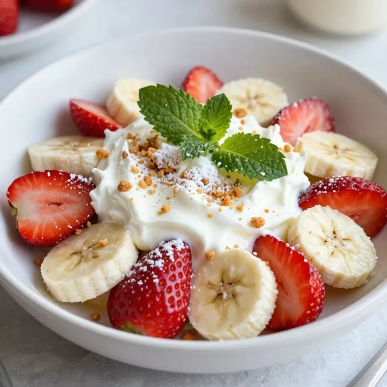 - 2 cups fresh strawberries, hulled and sliced - 2 ripe bananas, sliced - 1 cup cream cheese, softened at room temperature - ½ cup Greek yogurt - ⅓ cup powdered sugar - 1 teaspoon vanilla extract - ½ teaspoon lemon juice - 1 cup graham cracker crumbs - Fresh mint leaves for garnish Fresh ingredients bring life to any dish. For this Strawberry Banana Cheesecake Salad, the choice of fruit matters. You need ripe strawberries and bananas. Strawberries should be bright red and sweet. Bananas should be just ripe, not too soft. This way, they will hold their shape in the salad. The creamy base is key to this salad's charm. First, I use cream cheese for richness. Softening it at room temperature makes mixing easy. Then, I add Greek yogurt for that extra creaminess. This combination works well and tastes great. The powdered sugar adds the right sweetness. Vanilla extract gives a warm flavor. A touch of lemon juice brightens it all up. This creamy mix is smooth and perfect for the fruit. The crunch factor is the final touch. Graham cracker crumbs add texture that contrasts the creaminess. They give a nice crunch. Lastly, fresh mint leaves add a pop of color and a fresh taste. This combination of fresh fruit, creamy base, and crunchy topping makes the salad a delight. Enjoy each bite! {{ingredient_image_2}} Start by gathering your ingredients. In a medium bowl, combine: - 1 cup cream cheese, softened - ½ cup Greek yogurt - ⅓ cup powdered sugar - 1 teaspoon vanilla extract - ½ teaspoon lemon juice Using an electric mixer, blend these ingredients on medium speed. Keep mixing until the mixture is smooth and creamy. You want it lump-free for the best texture. Next, take a large mixing bowl. Gently toss together: - 2 cups fresh strawberries, hulled and sliced - 2 ripe bananas, sliced Be careful while mixing. You want to ensure the fruit is even but avoid bruising the bananas. This step keeps everything looking fresh and vibrant. Now it's time to bring it all together. Carefully pour the creamy mixture over the fruit in the large bowl. Use a spatula to gently fold the mixture into the fruit. Make sure each piece of fruit is well coated in the creamy goodness. Cover the bowl with plastic wrap. Place it in the refrigerator for at least 30 minutes. This time allows the flavors to meld beautifully. Chilling also makes the salad refreshing. When you're ready to serve, sprinkle 1 cup of graham cracker crumbs over the top. This will add a lovely crunch. For an extra touch, garnish with fresh mint leaves. This not only looks great but adds a pop of color and flavor. Enjoy your Strawberry Banana Cheesecake Salad! To make your salad smooth and creamy, start with room-temperature cream cheese. This helps it blend well. Mix it with Greek yogurt, powdered sugar, vanilla, and lemon juice. Use an electric mixer on medium speed until it’s lump-free. When tossing the bananas with strawberries, be gentle. Bananas bruise easily, which can make your salad look messy. Use a light hand to keep the slices intact and fresh. You can adjust the sweetness of your salad by adding more powdered sugar. Taste it as you go. If you want a lighter option, try using honey or agave syrup instead of powdered sugar. This change can add a unique flavor. If you don't have Greek yogurt, you can use sour cream or regular yogurt. Each option will give your salad a creamy base. Just remember, Greek yogurt offers a thicker texture. Serve your Strawberry Banana Cheesecake Salad in clear glass bowls. This will show off the bright colors of the strawberries and bananas. It makes the dish look pretty and tempting. For a pop of color, sprinkle fresh mint leaves on top. They add freshness and a lovely green touch. You can also try adding a few extra graham cracker crumbs for a nice crunch. Pro Tips Choose Ripe Fruits: Use perfectly ripe strawberries and bananas for the best flavor and texture. Overripe fruits can make the salad mushy. Chill Before Serving: Allow the salad to chill for at least 30 minutes. This helps the flavors meld together and enhances the overall taste. Graham Cracker Variations: For a twist, try using flavored graham crackers like cinnamon or chocolate to add a unique touch to your salad. Fresh Mint Garnish: Fresh mint not only adds a pop of color but also complements the flavors of the fruits beautifully. Don’t skip this step! {{image_4}} You can switch up the fruits in this salad. Other berries like blueberries or raspberries add fun flavors. They mix well with the creamy base and give more color. If it's summer, try using peaches. They bring a sweet and juicy twist that pairs nicely with the creaminess. Want a lighter take? You can substitute low-fat cream cheese for regular cream cheese. It keeps the taste but cuts some fat. For sweetness, use honey or agave syrup instead of powdered sugar. This keeps it sweet and adds a touch of natural flavor. Your taste buds will still dance with joy! Add a hint of cinnamon or nutmeg to the creamy mixture. These spices give a warm, cozy feel to the salad. If you like a crunch, mix in some chopped nuts. Walnuts or pecans work great and offer a wonderful texture. Each bite becomes a fun surprise! To store leftovers of your strawberry banana cheesecake salad, first, place it in an airtight container. This keeps out air and moisture, which can spoil the salad. If you have a large batch, consider using smaller containers for easier access. Always use a clean spoon when serving to avoid introducing bacteria. To keep the salad fresh, store it in the refrigerator as soon as you finish eating. This prevents unwanted bacteria growth. Avoid leaving it out for more than two hours. In the refrigerator, your salad will taste best for two to three days. After that, the fruits may start to turn mushy, losing their delightful texture. Watch for signs of spoilage, such as off smells or a change in color. If the strawberries or bananas look brown or slimy, it’s time to toss the salad. Can you freeze strawberry banana cheesecake salad? Unfortunately, freezing is not recommended. The fruits will turn mushy when thawed. The creamy mixture may also separate, affecting its texture. If you want to prepare it ahead, consider making the creamy mixture and storing it separately. You can mix it with fresh fruits right before serving for the best taste and texture. Strawberry Banana Cheesecake Salad is a sweet, creamy dessert. It combines fresh strawberries and bananas with a rich cream cheese mixture. The salad has a delightful crunch from graham cracker crumbs. It’s a fun twist on traditional cheesecake. You can serve it as a treat or a side dish. To make your salad creamier, use more Greek yogurt. This adds a nice texture and taste. You can also blend the cream cheese longer. Make sure it's very smooth. If you want a lighter mix, try adding a bit more powdered sugar. Adjust to your taste. Yes, you can use different fruits! Consider adding blueberries or raspberries for a berry mix. Peaches or pineapple work well too. Just make sure to choose fruits that complement the creamy base. Keep the sweetness in mind when choosing fruits. This salad can last about 2 to 3 days in the fridge. Keep it in an airtight container for best results. The fruits may soften over time, so eat it fresh for the best taste. If you see any browning on the bananas, it’s time to toss it. Absolutely! This dish is great for parties. Serve it in clear bowls to show off the colors. You can also make individual servings for guests. Garnish with fresh mint leaves for a nice touch. It’s a crowd-pleaser that looks beautiful on any table. In this blog post, we explored how to make a delightful Strawberry Banana Cheesecake Salad. We covered fresh ingredients, a creamy base, and tips to enhance flavor and presentation. I shared step-by-step instructions to help you achieve the perfect texture and chilling time. Remember, you can customize the salad with seasonal fruits or healthier options. This dish not only tastes great but also looks appealing on any table. Enjoy making it for yourself or at gatherings, and let your creativity shine!