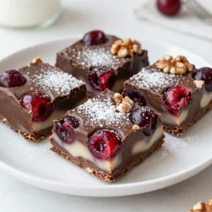 - 1 cup dark chocolate chips - 1 cup sweetened condensed milk - 1 cup maraschino cherries, drained and finely chopped These ingredients create a rich and creamy base. Dark chocolate chips give a deep flavor. Sweetened condensed milk adds sweetness and creaminess. Maraschino cherries provide a burst of color and tang. - 1 teaspoon vanilla extract - 1/2 teaspoon almond extract - 1/2 cup chopped walnuts or pecans Vanilla extract enhances the chocolate flavor. Almond extract adds a nice hint of nuttiness. Chopped walnuts or pecans give a lovely crunch and texture. - A pinch of salt A pinch of salt balances the sweetness. It brings out the flavors in the fudge. For a beautiful finish, consider these tips. Arrange the fudge squares on a colorful plate. Garnish with whole maraschino cherries and scattered nuts. A light dusting of powdered sugar on top adds elegance. {{ingredient_image_2}} To start, grab an 8x8 inch square baking dish. This size works best for our fudge squares. Line the bottom and sides with parchment paper. Make sure some paper hangs over the edges. This overhang helps you lift the fudge out later. Parchment paper is important. It keeps the fudge from sticking. You want clean edges when you cut the fudge. This small step saves time and makes serving easy. Next, we will melt the chocolate. In a medium saucepan, combine the dark chocolate chips and sweetened condensed milk. Stir these two together over low heat. This slow melting helps avoid burning the chocolate. Keep stirring until the mixture is smooth. To achieve a smooth consistency, be patient. If the heat is too high, the chocolate can seize. Stirring continuously helps blend the ingredients well. Once the chocolate melts, take the saucepan off the heat. Now, add the vanilla and almond extracts, along with a pinch of salt. Stir these in well. Carefully fold in the chopped maraschino cherries and nuts. This adds flavor and crunch. Make sure they are mixed in evenly. Transfer the fudge mixture into your prepared baking dish. Use a spatula to spread it out evenly. Press it down gently so it sits flat. Now, it's time to chill. Place the baking dish in the refrigerator. Let the fudge set for about 2-3 hours. You want it firm before cutting. Once it sets, lift it out using the parchment paper. Cut it into 16 equal squares. Enjoy your delicious Cherry Garcia Fudge Squares! To get the best fudge, cooling is key. After mixing, let the fudge chill in the fridge for about 2 to 3 hours. This helps it firm up nicely. If you want to speed this up, you can put it in the freezer for about 30 minutes. Just remember to check it often. Evenly spreading the ingredients is also important. When you fold in the cherries and nuts, be gentle. This way, every bite has a nice mix of flavors. Use a spatula to spread the fudge evenly in the baking dish. This helps it set better, too. When it's time to serve, think about how to make it pretty. Arrange the fudge squares on a colorful plate. You can add whole maraschino cherries on top and sprinkle some nuts around. This adds color and texture. For a special touch, dust some powdered sugar on top of the fudge. It makes the squares look fancy without much effort. You can also serve the fudge with a scoop of ice cream for a delicious combo. One big mistake is overheating the chocolate. Always melt it on low heat. Stir it constantly to get a smooth texture. If the chocolate burns, it can ruin your fudge. Another mistake is not measuring your ingredients correctly. Use measuring cups and spoons. This keeps the recipe balanced and ensures the fudge sets up perfectly. A little extra or missing ingredient can change the taste and texture. Pro Tips Use Quality Chocolate: The flavor of your fudge largely depends on the chocolate you use. Opt for high-quality dark chocolate chips for the best taste and texture. Chill for Perfect Texture: Allow the fudge to chill in the refrigerator for the full 2-3 hours. This ensures it sets properly and achieves the right consistency for cutting. Experiment with Nuts: Feel free to swap out walnuts or pecans for your favorite nuts. Almonds or hazelnuts could provide a delightful twist to the flavor profile. Add a Touch of Sea Salt: A light sprinkle of sea salt on top before serving can enhance the flavors and add a sophisticated touch to your fudge squares. {{image_4}} You can easily change the ingredients to suit your needs. Here are some ideas: - Dairy-free options: Use dairy-free chocolate chips and coconut milk for a creamy base. This swap keeps the fudge rich while being friendly to those who avoid dairy. - Nut-free versions: Omit the nuts or replace them with seeds like sunflower seeds. This keeps the squares safe for nut allergies. Adding different flavors can make your fudge even more exciting. Consider these options: - Adding spices or other extracts: A dash of cinnamon or a drop of peppermint extract can give your fudge a fun twist. Try mixing in orange zest for a fresh, zesty flavor. - Introducing other fruits: Swap the maraschino cherries for dried cranberries or raspberries. This change adds new colors and tastes to your fudge. How you serve your fudge can make it even more special. Here are some fun ideas: - Pairing with ice cream: Serve the fudge squares atop a scoop of vanilla or cherry ice cream. The warm fudge melts slightly into the cold ice cream, creating a delicious contrast. - Creative serving presentations: Arrange the fudge on a colorful plate. Garnish with whole cherries and a sprinkle of nuts. Dust a little powdered sugar on top for a sweet finish. To keep your Cherry Garcia fudge squares fresh, use an airtight container. This helps prevent air from making them dry. You can also use parchment paper. Wrap the fudge tightly and place it in the fridge. This method keeps flavors intact. These fudge squares stay fresh for about two weeks in the fridge. Look for signs of spoilage. If you see any dark spots or a change in smell, it's time to toss them. You can freeze the fudge squares for up to three months. Cut them into squares first. Then, wrap each piece in plastic wrap. Place them in a freezer-safe bag. When you want to enjoy them, take them out and let them thaw in the fridge overnight. This keeps them tasty and soft. Yes, you can use white chocolate. This change gives a different taste and look. White chocolate is sweeter and creamier than dark chocolate. It also lacks the rich cocoa flavor. If you swap, keep the same amount. The texture will be smooth, but the fudge will be sweeter. To cut your fudge cleanly, use a sharp knife. A hot knife works best. Heat the knife by running it under hot water, then dry it. This will make cutting easier. Cut the fudge into squares after it has set fully. Wipe the knife between cuts to keep edges clean. If you lack sweetened condensed milk, you can make your own. Combine 1 cup of milk with 1 cup of sugar. Heat until the sugar dissolves, then simmer until thickened. You can also try using coconut milk for a dairy-free option. Just add sugar to taste for sweetness. In this blog post, we explored making delicious fudge with dark chocolate, sweetened condensed milk, and cherries. You learned step-by-step instructions, tips for perfecting texture, and variations to try. Remember to store your fudge properly for the best taste. With these skills, you can create tasty treats for any occasion. Enjoy cooking and sharing your homemade fudge with friends and family. Your journey in the kitchen just got sweeter!