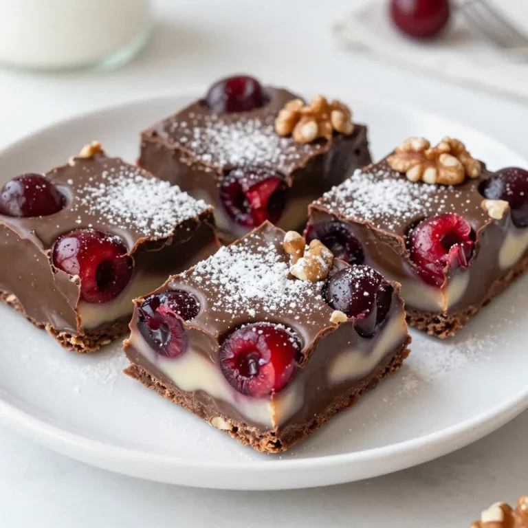 - 1 cup dark chocolate chips - 1 cup sweetened condensed milk - 1 cup maraschino cherries, drained and finely chopped These ingredients create a rich and creamy base. Dark chocolate chips give a deep flavor. Sweetened condensed milk adds sweetness and creaminess. Maraschino cherries provide a burst of color and tang. - 1 teaspoon vanilla extract - 1/2 teaspoon almond extract - 1/2 cup chopped walnuts or pecans Vanilla extract enhances the chocolate flavor. Almond extract adds a nice hint of nuttiness. Chopped walnuts or pecans give a lovely crunch and texture. - A pinch of salt A pinch of salt balances the sweetness. It brings out the flavors in the fudge. For a beautiful finish, consider these tips. Arrange the fudge squares on a colorful plate. Garnish with whole maraschino cherries and scattered nuts. A light dusting of powdered sugar on top adds elegance. {{ingredient_image_2}} To start, grab an 8x8 inch square baking dish. This size works best for our fudge squares. Line the bottom and sides with parchment paper. Make sure some paper hangs over the edges. This overhang helps you lift the fudge out later. Parchment paper is important. It keeps the fudge from sticking. You want clean edges when you cut the fudge. This small step saves time and makes serving easy. Next, we will melt the chocolate. In a medium saucepan, combine the dark chocolate chips and sweetened condensed milk. Stir these two together over low heat. This slow melting helps avoid burning the chocolate. Keep stirring until the mixture is smooth. To achieve a smooth consistency, be patient. If the heat is too high, the chocolate can seize. Stirring continuously helps blend the ingredients well. Once the chocolate melts, take the saucepan off the heat. Now, add the vanilla and almond extracts, along with a pinch of salt. Stir these in well. Carefully fold in the chopped maraschino cherries and nuts. This adds flavor and crunch. Make sure they are mixed in evenly. Transfer the fudge mixture into your prepared baking dish. Use a spatula to spread it out evenly. Press it down gently so it sits flat. Now, it's time to chill. Place the baking dish in the refrigerator. Let the fudge set for about 2-3 hours. You want it firm before cutting. Once it sets, lift it out using the parchment paper. Cut it into 16 equal squares. Enjoy your delicious Cherry Garcia Fudge Squares! To get the best fudge, cooling is key. After mixing, let the fudge chill in the fridge for about 2 to 3 hours. This helps it firm up nicely. If you want to speed this up, you can put it in the freezer for about 30 minutes. Just remember to check it often. Evenly spreading the ingredients is also important. When you fold in the cherries and nuts, be gentle. This way, every bite has a nice mix of flavors. Use a spatula to spread the fudge evenly in the baking dish. This helps it set better, too. When it's time to serve, think about how to make it pretty. Arrange the fudge squares on a colorful plate. You can add whole maraschino cherries on top and sprinkle some nuts around. This adds color and texture. For a special touch, dust some powdered sugar on top of the fudge. It makes the squares look fancy without much effort. You can also serve the fudge with a scoop of ice cream for a delicious combo. One big mistake is overheating the chocolate. Always melt it on low heat. Stir it constantly to get a smooth texture. If the chocolate burns, it can ruin your fudge. Another mistake is not measuring your ingredients correctly. Use measuring cups and spoons. This keeps the recipe balanced and ensures the fudge sets up perfectly. A little extra or missing ingredient can change the taste and texture. Pro Tips Use Quality Chocolate: The flavor of your fudge largely depends on the chocolate you use. Opt for high-quality dark chocolate chips for the best taste and texture. Chill for Perfect Texture: Allow the fudge to chill in the refrigerator for the full 2-3 hours. This ensures it sets properly and achieves the right consistency for cutting. Experiment with Nuts: Feel free to swap out walnuts or pecans for your favorite nuts. Almonds or hazelnuts could provide a delightful twist to the flavor profile. Add a Touch of Sea Salt: A light sprinkle of sea salt on top before serving can enhance the flavors and add a sophisticated touch to your fudge squares. {{image_4}} You can easily change the ingredients to suit your needs. Here are some ideas: - Dairy-free options: Use dairy-free chocolate chips and coconut milk for a creamy base. This swap keeps the fudge rich while being friendly to those who avoid dairy. - Nut-free versions: Omit the nuts or replace them with seeds like sunflower seeds. This keeps the squares safe for nut allergies. Adding different flavors can make your fudge even more exciting. Consider these options: - Adding spices or other extracts: A dash of cinnamon or a drop of peppermint extract can give your fudge a fun twist. Try mixing in orange zest for a fresh, zesty flavor. - Introducing other fruits: Swap the maraschino cherries for dried cranberries or raspberries. This change adds new colors and tastes to your fudge. How you serve your fudge can make it even more special. Here are some fun ideas: - Pairing with ice cream: Serve the fudge squares atop a scoop of vanilla or cherry ice cream. The warm fudge melts slightly into the cold ice cream, creating a delicious contrast. - Creative serving presentations: Arrange the fudge on a colorful plate. Garnish with whole cherries and a sprinkle of nuts. Dust a little powdered sugar on top for a sweet finish. To keep your Cherry Garcia fudge squares fresh, use an airtight container. This helps prevent air from making them dry. You can also use parchment paper. Wrap the fudge tightly and place it in the fridge. This method keeps flavors intact. These fudge squares stay fresh for about two weeks in the fridge. Look for signs of spoilage. If you see any dark spots or a change in smell, it's time to toss them. You can freeze the fudge squares for up to three months. Cut them into squares first. Then, wrap each piece in plastic wrap. Place them in a freezer-safe bag. When you want to enjoy them, take them out and let them thaw in the fridge overnight. This keeps them tasty and soft. Yes, you can use white chocolate. This change gives a different taste and look. White chocolate is sweeter and creamier than dark chocolate. It also lacks the rich cocoa flavor. If you swap, keep the same amount. The texture will be smooth, but the fudge will be sweeter. To cut your fudge cleanly, use a sharp knife. A hot knife works best. Heat the knife by running it under hot water, then dry it. This will make cutting easier. Cut the fudge into squares after it has set fully. Wipe the knife between cuts to keep edges clean. If you lack sweetened condensed milk, you can make your own. Combine 1 cup of milk with 1 cup of sugar. Heat until the sugar dissolves, then simmer until thickened. You can also try using coconut milk for a dairy-free option. Just add sugar to taste for sweetness. In this blog post, we explored making delicious fudge with dark chocolate, sweetened condensed milk, and cherries. You learned step-by-step instructions, tips for perfecting texture, and variations to try. Remember to store your fudge properly for the best taste. With these skills, you can create tasty treats for any occasion. Enjoy cooking and sharing your homemade fudge with friends and family. Your journey in the kitchen just got sweeter!