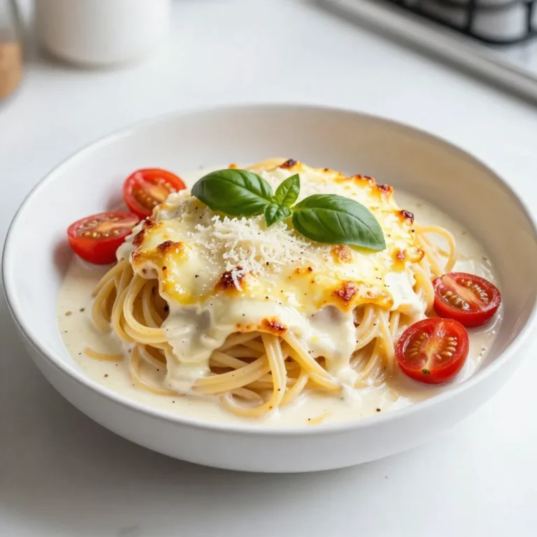 - 12 oz spaghetti - 1 tablespoon olive oil - 3 cloves garlic, minced - 1 cup heavy cream - 1 cup ricotta cheese - 1 ½ cups shredded mozzarella cheese - 1 cup grated Parmesan cheese - ¼ cup fresh basil, chopped - 1 teaspoon Italian seasoning - Salt and pepper to taste - ½ cup cherry tomatoes, halved (optional, for topping) Start with reliable measuring tools. Use a kitchen scale for the spaghetti to ensure you get the right amount. Measure the cream and cheeses in dry measuring cups for accuracy. Mince the garlic finely, so it blends well in the sauce. Chop the fresh basil with a sharp knife for even pieces. This helps release its full flavor. Halving cherry tomatoes adds color and freshness, but it’s up to your taste. Always choose fresh ingredients for the best flavor. Look for firm tomatoes without blemishes. Buy high-quality cheese; it really makes a difference in taste. When possible, use fresh basil instead of dried for a vibrant flavor. For the pasta, pick a brand you trust for a great texture. Always check expiration dates on dairy products to ensure freshness. {{ingredient_image_2}} Start by boiling water in a large pot. Make sure to add a good amount of salt. This helps flavor the spaghetti as it cooks. Once the water is boiling, add 12 oz of spaghetti. Cook it according to the package instructions. You want it to be al dente, which means firm but not hard. After cooking, drain the spaghetti and set it aside. In a large skillet, heat 1 tablespoon of olive oil over medium heat. When the oil is hot, add 3 cloves of minced garlic. Sauté for about 1 minute until the garlic smells good. Lower the heat to a gentle simmer. Next, pour in 1 cup of heavy cream and add 1 cup of ricotta cheese. Sprinkle in 1 teaspoon of Italian seasoning and season with salt and pepper to taste. Stir the sauce for about 2-3 minutes. This helps all the flavors mix well. Now it’s time to combine everything. Add the drained spaghetti to the skillet with the creamy sauce. Stir well until every piece of spaghetti is coated. Fold in ¼ cup of chopped basil and half of both 1 ½ cups of shredded mozzarella and 1 cup of grated Parmesan cheese. This adds richness to the dish. Next, lightly grease a 9x13 inch baking dish. Pour the creamy spaghetti mixture into the dish, spreading it evenly. Top with the remaining mozzarella and Parmesan cheeses. If you like, scatter ½ cup of halved cherry tomatoes on top for a fresh touch. Place the dish in your preheated oven at 350°F (175°C). Bake for 25-30 minutes. You want the top to be golden brown and bubbly. After baking, let the dish sit for a few minutes before serving. This helps the flavors settle and makes it easier to serve. To get a rich and creamy sauce, use heavy cream and ricotta cheese. These two ingredients blend well, creating a smooth texture. Be sure to heat them slowly. This helps the flavors mix without curdling. Stir the sauce gently to avoid lumps. If your sauce feels too thick, add a splash of pasta water for a lighter feel. Baking at 350°F (175°C) gives the dish a golden top. This temperature allows the cheeses to melt and bubble without burning. Cover the dish with foil for the first 20 minutes. This keeps moisture in and helps the pasta cook evenly. Remove the foil for the last 10 minutes to let the top crisp up. Serve the creamy baked spaghetti in individual bowls. This adds a nice touch for guests. Garnish each bowl with fresh basil leaves for color and flavor. If you want to impress, consider adding cherry tomatoes on top before baking. They add a bright pop and a hint of sweetness. Pair this dish with a crisp side salad for a full meal. Pro Tips Perfect Pasta: To achieve the best texture, cook the spaghetti until it is al dente, as it will continue to cook in the oven. Cheese Choices: Feel free to experiment with different cheese blends, such as adding a bit of goat cheese for extra creaminess. Herb Freshness: For maximum flavor, add fresh herbs right before serving, as they lose potency when cooked for too long. Make Ahead: This dish can be assembled a day in advance; just cover and refrigerate it until you’re ready to bake. {{image_4}} You can easily boost the protein in your creamy baked spaghetti. Try adding cooked chicken, beef, or sausage. Shredded rotisserie chicken works great for quick prep. Ground beef gives a hearty touch. You can also use turkey sausage for a lighter option. Just brown your choice in the skillet before adding the creamy sauce. This step gives you a rich flavor and a filling meal. While mozzarella is a star in this dish, don’t be shy with cheese. You can mix in cheddar for a sharp taste. Gouda adds a nice smokiness, and feta gives a tangy kick. If you're feeling adventurous, try blue cheese for a bold twist. Just remember to balance strong flavors with the creamy sauce. This way, your dish remains rich but not overwhelming. Adding vegetables is a smart way to sneak in nutrients. Spinach works well; just toss it into the sauce until it wilts. Zucchini or bell peppers add color and crunch. For a sweet touch, try roasted butternut squash. Just sauté your veggies before mixing them in. This will help them stay tender and flavorful in your creamy baked spaghetti. To store leftovers, let the dish cool first. Transfer any uneaten spaghetti to an airtight container. Keep it in the fridge for up to three days. This helps keep the flavors fresh. For best taste, use it soon. When ready to eat, preheat your oven to 350°F (175°C). Place the leftover spaghetti in an oven-safe dish. Cover it with foil to prevent drying. Heat for about 15-20 minutes. If you're in a hurry, you can microwave it. Heat in short bursts, stirring often, until warm. To freeze, make sure the dish is completely cooled. Place portions in freezer-safe bags or containers. Remove as much air as possible to avoid freezer burn. You can freeze it for up to three months. When you're ready to eat, thaw it in the fridge overnight. Then, reheat as described above. Enjoy your creamy baked spaghetti at a later date! Yes, you can use different pasta types. Spaghetti works well, but you can try penne, fusilli, or rigatoni. Just ensure the pasta cooks to al dente for the best texture. Each shape holds the sauce differently, adding fun variety to each bite. To make this dish gluten-free, choose gluten-free pasta. Many brands offer great alternatives that taste good. You may also want to check all other ingredients, like sauces and cheeses, to confirm they are gluten-free. This way, everyone can enjoy this creamy delight. Absolutely! You can prepare it ahead of time. Cook the spaghetti and mix it with the sauce. Place everything in the baking dish, cover it, and store it in the fridge for up to two days. When you are ready to eat, just bake it. This makes meal prep easy and stress-free. This blog post covered key steps for making a great creamy spaghetti dish. I shared the best ingredients, preparing and measuring tips, and how to make a rich sauce. You learned tricks to craft a perfect bite and tasty variations to try. Finally, remember that great meals start with quality ingredients and smart techniques. Enjoy experimenting with flavors and sharing your results! Happy cooking!