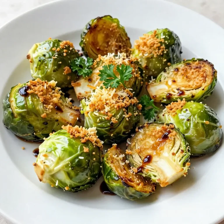 To make Parmesan roasted Brussels sprouts, gather these simple ingredients: - 1 lb fresh Brussels sprouts, trimmed and halved - 3 tablespoons extra virgin olive oil - 1/2 teaspoon garlic powder - 1/2 teaspoon smoked paprika - Sea salt and freshly cracked black pepper, to taste - 1/2 cup freshly grated Parmesan cheese - 1 tablespoon balsamic vinegar (optional) - Fresh parsley, finely chopped (optional) You can swap some ingredients for different flavors. For example: - Use a blend of oils like avocado oil for a richer taste. - Substitute garlic powder with fresh minced garlic for a stronger kick. - Instead of smoked paprika, try regular paprika or chili powder for heat. To elevate your dish, consider these extra touches: - Add crushed red pepper flakes for spice. - Toss in some lemon zest for freshness. - Use a sprinkle of lemon juice before serving for brightness. These tweaks can transform your Brussels sprouts into a dish full of flavor and charm! {{ingredient_image_2}} Start by preheating your oven to 425°F (220°C). This hot oven helps make the sprouts crispy. While the oven heats, prepare your Brussels sprouts. Trim the ends and slice them in half. This step helps them cook evenly. In a large bowl, add the halved Brussels sprouts. Pour in three tablespoons of extra virgin olive oil. Sprinkle in half a teaspoon of garlic powder and smoked paprika for warmth. Add sea salt and black pepper to taste. Toss everything together until each sprout is well-coated. This mix adds flavor to each bite. Now, spread the seasoned Brussels sprouts on a baking sheet. Make sure they sit in a single layer, cut sides down. This placement gives them a nice, crispy texture. Place the baking sheet in the middle of your preheated oven. Roast the sprouts for 20 minutes. At the halfway mark, flip the sprouts. This step ensures even cooking and browning. You want them golden and crispy, not soft and mushy. After 20 minutes, take the baking sheet out. Generously sprinkle half a cup of freshly grated Parmesan cheese over the hot sprouts. Make sure to cover them evenly. Then, return the baking sheet to the oven. Roast for an additional 5 to 7 minutes. Keep a close eye on them. You want the cheese to melt and turn golden-brown. This creates a deliciously crispy layer that adds depth to the dish. Enjoy the aroma as it fills your kitchen! To get your Brussels sprouts extra crispy, follow these tips: - Cut them evenly: Halve each sprout for uniform cooking. - Use enough oil: Coat them well with olive oil to help crisp them up. - Single layer: Spread them out on the baking sheet. Avoid stacking them; they will steam instead of roast. - Flip halfway: Turn them over in the oven to brown all sides. These steps will help you achieve that delightful crunch! You can elevate the taste of your Parmesan roasted Brussels sprouts in many ways: - Add spices: Try cayenne for heat or lemon zest for brightness. - Mix cheeses: Blend Parmesan with sharp cheddar or tangy feta for extra flavor. - Nuts and seeds: Toss in some pine nuts or sesame seeds for crunch. - Herbs: Fresh thyme or rosemary can add a lovely aroma. Feel free to experiment; each change can create a new flavor profile! These roasted Brussels sprouts make a perfect side dish. Here are some great pairings: - Meats: Serve them alongside grilled chicken or roasted pork. - Grains: They go well with quinoa or farro for a hearty meal. - Sauces: A drizzle of balsamic vinegar adds a nice touch. - Garnish: Top with fresh parsley for color and freshness. Make your meal shine by adding these tasty sides! Pro Tips Choose Fresh Brussels Sprouts: The fresher the Brussels sprouts, the better the flavor and texture. Look for bright green, firm sprouts without any yellowing or blemishes. Don't Overcrowd the Pan: Spreading the Brussels sprouts out in a single layer allows for better air circulation, which is essential for achieving that crispy texture. Experiment with Seasonings: Feel free to customize the flavor by experimenting with different spices and herbs. Adding a pinch of cayenne pepper or some lemon zest can enhance the dish even more. Serve Immediately: For the best taste and texture, serve the Brussels sprouts right after roasting. They are best enjoyed while they are still hot and crispy! {{image_4}} You can swap Parmesan for other cheeses for fun flavors. Try aged Gouda; it adds a nutty taste. Feta brings a tangy kick, while sharp cheddar offers a bold twist. For a creamy texture, use a blend of mozzarella and provolone. Each cheese changes the dish's profile, so feel free to experiment! To make Brussels sprouts a full meal, add protein. Chicken or turkey pairs well and makes it hearty. You could also toss in cooked bacon or pancetta for a savory touch. For a plant-based option, try chickpeas or lentils. These options boost nutrition and keep you full longer. If you want a vegan version, skip the cheese. Instead, try nutritional yeast for a cheesy flavor. You can also use vegan cheese if you prefer. For extra flavor, add a splash of lemon juice or balsamic vinegar. These small changes keep the dish vibrant and satisfying without any dairy. To keep your Parmesan roasted Brussels sprouts fresh, let them cool first. Place them in a shallow container. Cover it tightly with a lid or plastic wrap. This helps keep moisture in while preventing them from getting soggy. You can also use parchment paper between layers for extra protection. When ready to enjoy your leftovers, preheat your oven to 375°F (190°C). Spread the Brussels sprouts on a baking sheet. Bake for about 10-15 minutes. This method helps restore their crispiness. Avoid using the microwave, as it can make them soft. Store your cooked Brussels sprouts in the fridge for up to 3 days. If you notice any off smells or changes in texture, it’s best to toss them. Enjoying them fresh gives you the best flavor. You need to roast Brussels sprouts for about 25 to 27 minutes. Start by roasting them for 20 minutes. After that, flip them for even cooking. Then, add the Parmesan and roast for another 5 to 7 minutes. This timing will give you crispy, golden sprouts. Yes, you can use frozen Brussels sprouts. However, they may not get as crispy as fresh ones. Make sure to thaw and drain them well first. Pat them dry with a towel to remove excess moisture. This step helps them roast better. Parmesan Roasted Brussels sprouts go well with many meals. Try them with roasted chicken or grilled steak. They also complement pasta dishes nicely. For a vegetarian option, serve them with quinoa or a grain salad. Their rich flavor adds depth to any plate. This article covered how to make Parmesan roasted Brussels sprouts. We explored the best ingredients, roasting tips, and variations. You learned about serving ideas and how to store leftovers. Remember, crispy Brussels sprouts are a treat. Feel free to mix in different cheeses or proteins for a twist. Enjoy making this dish your own! Your kitchen will smell amazing, and your meals will shine. Now it's time to try it out and delight your taste buds!