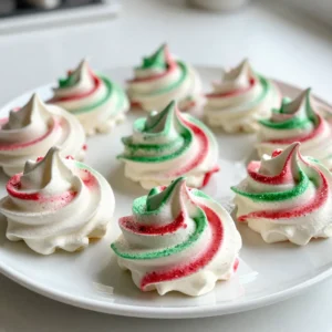 - 3 large egg whites - 1/4 teaspoon cream of tartar - 3/4 cup granulated sugar - 1 teaspoon vanilla extract - 1/2 teaspoon peppermint extract - A pinch of salt - Red and green food coloring (optional) - Edible glitter or festive sprinkles (for decoration) To make Christmas meringue kisses, you need: - Electric mixer - Clean mixing bowl - Baking sheet - Parchment paper - Piping bag with a star tip - Rubber spatula You can make some swaps if needed: - Use lemon juice instead of cream of tartar for stability. - Try almond extract for a different flavor. - If you lack food coloring, leave them white for a classic look. - Use granulated stevia or monk fruit for a low-sugar option. This list will help you get ready for a fun, festive kitchen adventure. Each ingredient plays a part in making your meringue kisses light and sweet. {{ingredient_image_2}} First, preheat your oven to 200&deg;F (93&deg;C). This low heat helps the meringue dry out slowly. While the oven warms up, prepare your baking sheet. Line it with parchment paper for easy removal. If you want uniform kisses, draw circles about one inch wide on the paper with a pencil. This will guide your piping. Next, take your clean mixing bowl. Add the three large egg whites to the bowl. Use an electric mixer on medium speed to whip the egg whites. Keep whisking until they become foamy. At this point, add 1/4 teaspoon of cream of tartar. Increase the speed to high. Whip until soft peaks form. The peaks should bend over gently. Now, it&rsquo;s time to add the sugar. Gradually sprinkle in 3/4 cup of granulated sugar, one tablespoon at a time. Keep whisking on high speed. This will make the meringue glossy. Keep going until you see stiff peaks. This usually takes about 5 to 7 minutes. When your meringue is ready, it's time to add flavor. Gently fold in 1 teaspoon of vanilla extract and 1/2 teaspoon of peppermint extract. Use a rubber spatula for this. Be careful not to deflate the air you whipped in. If you want color, divide the meringue into two bowls. Add a few drops of red food coloring to one bowl and green to the other. Mix carefully. You can leave one bowl uncolored for a pretty marbled look. Now, prepare a piping bag with a star tip. Pipe small kisses onto the lined baking sheet. Use circular motions to create swirls or peaks. This will make your meringues look festive and fun! Finally, place the baking sheet in the oven and bake the kisses for 1.5 to 2 hours. They should feel dry and lift off easily. After baking, turn off the oven. Leave the kisses inside for another hour. This helps them keep their shape. Once cooled, sprinkle on edible glitter or festive sprinkles. This adds a lovely touch of holiday magic! To get the best meringue kisses, start with fresh egg whites. They should be at room temperature. This helps them whip better. Make sure your mixing bowl is clean and dry. Any grease can ruin your meringue. Whip until you see soft peaks first. Then, slowly add sugar. This step is key for a smooth texture. A common mistake is rushing the sugar addition. Add it slowly, one tablespoon at a time. If you add sugar too fast, the meringue may not set. Also, avoid over-whipping. If peaks look dry or crumbly, you&rsquo;ve gone too far. Lastly, don&rsquo;t skip the cooling time in the oven. This keeps your kisses firm. Baking at a low temperature is crucial. Set your oven to 200&deg;F (93&deg;C). If your kisses brown, your oven is too hot. Bake for 1.5 to 2 hours. They should feel dry and lift easily. If they feel sticky, they need more time. Cool them in the oven to set their shape. Pro Tips Fresh Egg Whites: For the best volume and stability, use fresh egg whites at room temperature. This allows them to whip up more easily and achieve the desired stiff peaks. Preventing Humidity: Meringues are sensitive to moisture. Make sure to prepare them on a dry day, and store them in an airtight container to keep them crisp. Coloring Technique: When adding food coloring, use gel-based colors for a more vibrant hue. Avoid liquid colors as they can alter the meringue's consistency. Cooling Time: Allow the meringue kisses to cool in the oven after baking. This helps prevent cracking and ensures they retain their shape. {{image_4}} You can create many flavors for your meringue kisses. Peppermint is a classic choice, adding a fresh zing. Just mix in a bit of peppermint extract, and you&rsquo;re set. For a cozy twist, try gingerbread flavor. You can add ground ginger, cinnamon, and nutmeg to the meringue. This will give your kisses a warm, festive taste. You can also explore vanilla, almond, or even chocolate flavors. For chocolate, fold in cocoa powder at the end. The options are endless, so feel free to get creative! Coloring your meringue kisses makes them even more festive. You can use red and green food coloring for a classic Christmas look. Divide your meringue into two bowls and add drops of color to each. Then, use a spatula to fold in the color gently. This creates a marbled effect that is eye-catching. If you like, you can also layer colors in your piping bag. Start with one color, then add another. When you pipe, you will get a beautiful swirl of colors. Once your meringue kisses cool down, it&rsquo;s time to decorate! Edible glitter adds a magical touch. Just sprinkle it on top of the kisses for a sparkling effect. Festive sprinkles also work great. Use holiday-themed sprinkles, like snowflakes or stars. You can even dip the bases of the kisses in melted chocolate and then in sprinkles. This adds a crunchy, sweet layer to your meringue. These fun decorations make your treats shine and look delightful on any holiday table! To keep your meringue kisses fresh, store them in an airtight container. I like to layer them with parchment paper to prevent sticking. This simple step helps maintain their texture. If you leave them exposed, they can become chewy and lose their crispness. Keep the container in a cool, dry place. Avoid areas with high humidity. Meringue kisses love dry air! If you live in a humid area, consider using silica gel packets in the container. They absorb moisture and help keep the kisses crunchy. When stored properly, meringue kisses can last up to two weeks. However, I recommend enjoying them within the first week for the best taste and texture. If you have leftover kisses, they make a delightful gift for friends and family during the holiday season! Yes, you can use egg substitutes for meringues. Aquafaba is a great choice. It is the liquid from canned chickpeas. Use 3 tablespoons of aquafaba for each egg white. Whip it until it gets foamy. This helps create the same light texture as egg whites. Meringue kisses are done when they feel dry to the touch. They should lift off the parchment easily. This usually takes about 1.5 to 2 hours at 200&deg;F (93&deg;C). If you want to be sure, check for a crisp outer shell and a soft center. To transport meringue kisses, use a sturdy container. Place parchment paper between layers to avoid sticking. Keep them in a cool, dry place to prevent them from getting soggy. For extra care, use a sealed container to keep them safe. To make meringue kisses, you need the right ingredients and tools. I shared tips on preparing your oven and baking sheet, whipping egg whites, and folding in flavors. I also covered how to avoid common mistakes and adjust baking times. You can try different flavors and decorations. Lastly, I explained how to store meringue kisses for the best taste. Enjoy making these treats, and remember, practice leads to perfection!