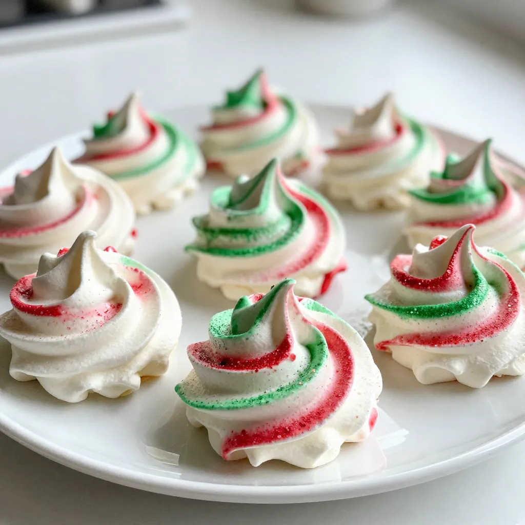 - 3 large egg whites - 1/4 teaspoon cream of tartar - 3/4 cup granulated sugar - 1 teaspoon vanilla extract - 1/2 teaspoon peppermint extract - A pinch of salt - Red and green food coloring (optional) - Edible glitter or festive sprinkles (for decoration) To make Christmas meringue kisses, you need: - Electric mixer - Clean mixing bowl - Baking sheet - Parchment paper - Piping bag with a star tip - Rubber spatula You can make some swaps if needed: - Use lemon juice instead of cream of tartar for stability. - Try almond extract for a different flavor. - If you lack food coloring, leave them white for a classic look. - Use granulated stevia or monk fruit for a low-sugar option. This list will help you get ready for a fun, festive kitchen adventure. Each ingredient plays a part in making your meringue kisses light and sweet. {{ingredient_image_2}} First, preheat your oven to 200°F (93°C). This low heat helps the meringue dry out slowly. While the oven warms up, prepare your baking sheet. Line it with parchment paper for easy removal. If you want uniform kisses, draw circles about one inch wide on the paper with a pencil. This will guide your piping. Next, take your clean mixing bowl. Add the three large egg whites to the bowl. Use an electric mixer on medium speed to whip the egg whites. Keep whisking until they become foamy. At this point, add 1/4 teaspoon of cream of tartar. Increase the speed to high. Whip until soft peaks form. The peaks should bend over gently. Now, it’s time to add the sugar. Gradually sprinkle in 3/4 cup of granulated sugar, one tablespoon at a time. Keep whisking on high speed. This will make the meringue glossy. Keep going until you see stiff peaks. This usually takes about 5 to 7 minutes. When your meringue is ready, it's time to add flavor. Gently fold in 1 teaspoon of vanilla extract and 1/2 teaspoon of peppermint extract. Use a rubber spatula for this. Be careful not to deflate the air you whipped in. If you want color, divide the meringue into two bowls. Add a few drops of red food coloring to one bowl and green to the other. Mix carefully. You can leave one bowl uncolored for a pretty marbled look. Now, prepare a piping bag with a star tip. Pipe small kisses onto the lined baking sheet. Use circular motions to create swirls or peaks. This will make your meringues look festive and fun! Finally, place the baking sheet in the oven and bake the kisses for 1.5 to 2 hours. They should feel dry and lift off easily. After baking, turn off the oven. Leave the kisses inside for another hour. This helps them keep their shape. Once cooled, sprinkle on edible glitter or festive sprinkles. This adds a lovely touch of holiday magic! To get the best meringue kisses, start with fresh egg whites. They should be at room temperature. This helps them whip better. Make sure your mixing bowl is clean and dry. Any grease can ruin your meringue. Whip until you see soft peaks first. Then, slowly add sugar. This step is key for a smooth texture. A common mistake is rushing the sugar addition. Add it slowly, one tablespoon at a time. If you add sugar too fast, the meringue may not set. Also, avoid over-whipping. If peaks look dry or crumbly, you’ve gone too far. Lastly, don’t skip the cooling time in the oven. This keeps your kisses firm. Baking at a low temperature is crucial. Set your oven to 200°F (93°C). If your kisses brown, your oven is too hot. Bake for 1.5 to 2 hours. They should feel dry and lift easily. If they feel sticky, they need more time. Cool them in the oven to set their shape. Pro Tips Fresh Egg Whites: For the best volume and stability, use fresh egg whites at room temperature. This allows them to whip up more easily and achieve the desired stiff peaks. Preventing Humidity: Meringues are sensitive to moisture. Make sure to prepare them on a dry day, and store them in an airtight container to keep them crisp. Coloring Technique: When adding food coloring, use gel-based colors for a more vibrant hue. Avoid liquid colors as they can alter the meringue's consistency. Cooling Time: Allow the meringue kisses to cool in the oven after baking. This helps prevent cracking and ensures they retain their shape. {{image_4}} You can create many flavors for your meringue kisses. Peppermint is a classic choice, adding a fresh zing. Just mix in a bit of peppermint extract, and you’re set. For a cozy twist, try gingerbread flavor. You can add ground ginger, cinnamon, and nutmeg to the meringue. This will give your kisses a warm, festive taste. You can also explore vanilla, almond, or even chocolate flavors. For chocolate, fold in cocoa powder at the end. The options are endless, so feel free to get creative! Coloring your meringue kisses makes them even more festive. You can use red and green food coloring for a classic Christmas look. Divide your meringue into two bowls and add drops of color to each. Then, use a spatula to fold in the color gently. This creates a marbled effect that is eye-catching. If you like, you can also layer colors in your piping bag. Start with one color, then add another. When you pipe, you will get a beautiful swirl of colors. Once your meringue kisses cool down, it’s time to decorate! Edible glitter adds a magical touch. Just sprinkle it on top of the kisses for a sparkling effect. Festive sprinkles also work great. Use holiday-themed sprinkles, like snowflakes or stars. You can even dip the bases of the kisses in melted chocolate and then in sprinkles. This adds a crunchy, sweet layer to your meringue. These fun decorations make your treats shine and look delightful on any holiday table! To keep your meringue kisses fresh, store them in an airtight container. I like to layer them with parchment paper to prevent sticking. This simple step helps maintain their texture. If you leave them exposed, they can become chewy and lose their crispness. Keep the container in a cool, dry place. Avoid areas with high humidity. Meringue kisses love dry air! If you live in a humid area, consider using silica gel packets in the container. They absorb moisture and help keep the kisses crunchy. When stored properly, meringue kisses can last up to two weeks. However, I recommend enjoying them within the first week for the best taste and texture. If you have leftover kisses, they make a delightful gift for friends and family during the holiday season! Yes, you can use egg substitutes for meringues. Aquafaba is a great choice. It is the liquid from canned chickpeas. Use 3 tablespoons of aquafaba for each egg white. Whip it until it gets foamy. This helps create the same light texture as egg whites. Meringue kisses are done when they feel dry to the touch. They should lift off the parchment easily. This usually takes about 1.5 to 2 hours at 200°F (93°C). If you want to be sure, check for a crisp outer shell and a soft center. To transport meringue kisses, use a sturdy container. Place parchment paper between layers to avoid sticking. Keep them in a cool, dry place to prevent them from getting soggy. For extra care, use a sealed container to keep them safe. To make meringue kisses, you need the right ingredients and tools. I shared tips on preparing your oven and baking sheet, whipping egg whites, and folding in flavors. I also covered how to avoid common mistakes and adjust baking times. You can try different flavors and decorations. Lastly, I explained how to store meringue kisses for the best taste. Enjoy making these treats, and remember, practice leads to perfection!