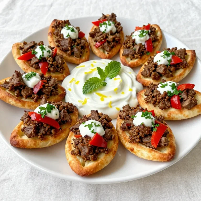 - 250g all-purpose flour - 200g ground lamb or beef - 1 small onion, finely chopped - 2 garlic cloves, minced - 1 red bell pepper, finely chopped - 1 teaspoon ground cumin - 1 teaspoon paprika - 1 tablespoon tomato paste - 150g plain yogurt - Zest of 1 lemon - 1 tablespoon fresh mint, chopped - Fresh parsley - Lemon wedges For my Mini Mediterranean Lahmacun Bites, you need a mix of fresh and flavorful ingredients. First, let's talk about the main ingredients. You will use 250g of all-purpose flour to create a soft dough. The dough will be the base for your bites. Next, you will need 200g of ground lamb or beef. This meat adds richness and flavor to your dish. You also need a small onion, some garlic, and a red bell pepper. These three ingredients provide a great depth of flavor. Finely chopping them helps release their natural tastes. Now, let’s focus on the seasonings and condiments. Ground cumin and paprika give your meat a warm, spicy kick. A tablespoon of tomato paste adds a nice tang to the filling. For the yogurt drizzle, mix 150g of plain yogurt with lemon zest and fresh mint for a refreshing taste. Lastly, consider adding some fresh parsley and lemon wedges as optional garnishes. These will not only make your dish look beautiful but also add a burst of flavor. Each component plays an important role in making these Lahmacun bites delicious and memorable. {{ingredient_image_2}} To start, combine 250g of all-purpose flour, 1 teaspoon of active dry yeast, 150ml of warm water, and 1 teaspoon of salt in a mixing bowl. Mix until a shaggy dough forms. Next, transfer the dough to a lightly floured surface. Knead it for about 5-7 minutes until smooth. Then, cover the dough with a cloth and let it rise in a warm place for 30 minutes. While the dough rises, heat 1 tablespoon of olive oil in a skillet over medium heat. Add 1 small finely chopped onion and 2 minced garlic cloves. Sauté them for 3-4 minutes until they turn translucent. Then, add 200g of ground lamb or beef, along with 1 finely chopped red bell pepper, 1 teaspoon of ground cumin, 1 teaspoon of paprika, and 1 tablespoon of tomato paste. Cook this mixture for 8-10 minutes until the meat is browned. Stir in 1 tablespoon of chopped parsley and season with salt and black pepper to taste. Once the dough has risen, punch it down. Divide it into small balls, about the size of golf balls. Roll each ball into a thin round, around 1/8 inch thick, on a floured surface. Spoon a generous tablespoon of the meat mixture onto each round, spreading it evenly while leaving a small border around the edges. Preheat your oven to 220°C (425°F). Transfer the prepared lahmacun bites to a baking sheet lined with parchment paper. Make sure they have space between them. Bake for 10-12 minutes until the edges are golden brown and crisp. Once done, cool them briefly on a wire rack. In a small bowl, combine 150g of plain yogurt, the zest of 1 lemon, and 1 tablespoon of chopped mint. Mix these well until smooth and creamy. When the lahmacun bites are ready, drizzle this herbed yogurt over them or serve it on the side for dipping. To make your dough smooth and elastic, start with quality flour. All-purpose flour works great. Mix it with warm water and yeast. Knead the mixture for about 5-7 minutes. This helps develop gluten, which gives the dough its stretch. If the dough feels sticky, sprinkle in a bit more flour. For rising, keep the dough in a warm spot. Cover it with a clean cloth. Let it rise for 30 minutes. This helps it double in size. If your kitchen is cool, try placing it near a warm oven. Cook the meat filling with care for the best flavor. Sauté onions and garlic in olive oil first. This adds a great base flavor. After about 3-4 minutes, add your ground lamb or beef. Cook it until it’s browned, around 8-10 minutes. Stir often to break up the meat. To enhance flavor, mix in cumin, paprika, and tomato paste. These spices give the filling a rich taste. Don’t forget to add salt and black pepper to taste. This will bring out all the flavors in the meat. For presentation, arrange your lahmacun bites on a bright platter. Garnish with fresh parsley and lemon wedges. This adds color and freshness. Serve the herbed yogurt drizzle on the side. This makes it easy for guests to dip or drizzle. Pair these bites with a light drink. A chilled white wine or sparkling water works well. It balances the rich flavors of the lahmacun. Enjoy your tasty creation with friends and family! Pro Tips Rest the Dough: Allowing the dough to rest after kneading helps it become more elastic, making it easier to roll out into thin rounds. Use Fresh Herbs: Opt for fresh parsley and mint instead of dried for an enhanced flavor profile in the herbed yogurt and meat mixture. Watch the Baking Time: Keep an eye on the lahmacun bites while baking; they can go from golden to burnt quickly, so remove them as soon as the edges are crispy. Customize the Toppings: Feel free to add other toppings to the meat mixture, such as diced tomatoes or olives, to suit your taste preferences. {{image_4}} You can easily make a vegetarian version of lahmacun bites by using lentils or mushrooms instead of meat. Cooked lentils offer a hearty texture and absorb spices well. For mushrooms, choose varieties like portobello or cremini for a rich flavor. Adjust your spices to enhance the vegetarian taste. Consider adding smoked paprika or extra herbs to give it depth. For those needing a gluten-free option, swap all-purpose flour with gluten-free flour alternatives. Almond flour or a blend of rice flour and tapioca starch works well. You may need to tweak the liquid amounts for the right dough texture. Test the dough until it feels smooth and elastic, just like traditional dough. While the herbed yogurt drizzle is tasty, you can explore other sauces. Try a spicy tahini sauce or a zesty garlic sauce for a different flavor profile. For dips, consider a hot pepper sauce or a tangy chimichurri. These alternatives add fun twists to your bites, making each serving unique and exciting. To keep your Lahmacun bites fresh, store them in an airtight container. This helps maintain their texture and flavor. Place the container in the fridge. They will last for about three days. If you want to enjoy them later, consider freezing instead. You can freeze both uncooked and cooked Lahmacun bites. For uncooked bites, place them on a baking sheet and freeze until firm. Then, transfer them to a freezer bag. They can stay frozen for up to three months. For cooked bites, let them cool completely before freezing. Reheat these bites in the oven for the best taste. Set your oven to 350°F (175°C) and heat for about 10 minutes. This will revive their crispy edges. Enjoy the flavors just like when they were fresh! Lahmacun bites are small, savory pastries from the Middle East. They feature a thin dough topped with seasoned meat. This dish has roots in Turkey and is often called "Turkish pizza." The word "lahmacun" means "meat with dough." You can enjoy these bites as a snack or appetizer. Yes, you can switch the meat. Ground beef or turkey works well. Each type brings a different flavor. For a lighter option, try chicken. Just be sure to adjust the cooking time as needed for different meats. To speed up rising, place the dough in a warm spot. You can also use warm water when mixing the dough. If your kitchen is cool, turn on the oven lightly. Then, turn it off and place the dough inside. Cover it with a towel to keep it warm. You can make a vegan version by using lentils or mushrooms instead of meat. Cook them with the same spices for great flavor. Use a vegan yogurt for the herbed drizzle. This keeps the dish tasty and plant-based. For a party, arrange the lahmacun bites on a colorful platter. Add fresh parsley and lemon wedges for garnish. Serve the herbed yogurt drizzle on the side. This makes it easy for guests to dip and enjoy. Lahmacun bites are a fun dish to make and share. We explored the main ingredients, including flour, meat, and seasonings. The step-by-step guide simplifies dough making, filling preparation, and baking. We discussed tips for perfecting the dough and adding creative garnishes. You can even tweak the recipe for vegetarian or gluten-free options. Enjoying these bites will impress any guest and keep everyone coming back for more. Whether for a party or family meal, Lahmacun bites are a delicious choice!